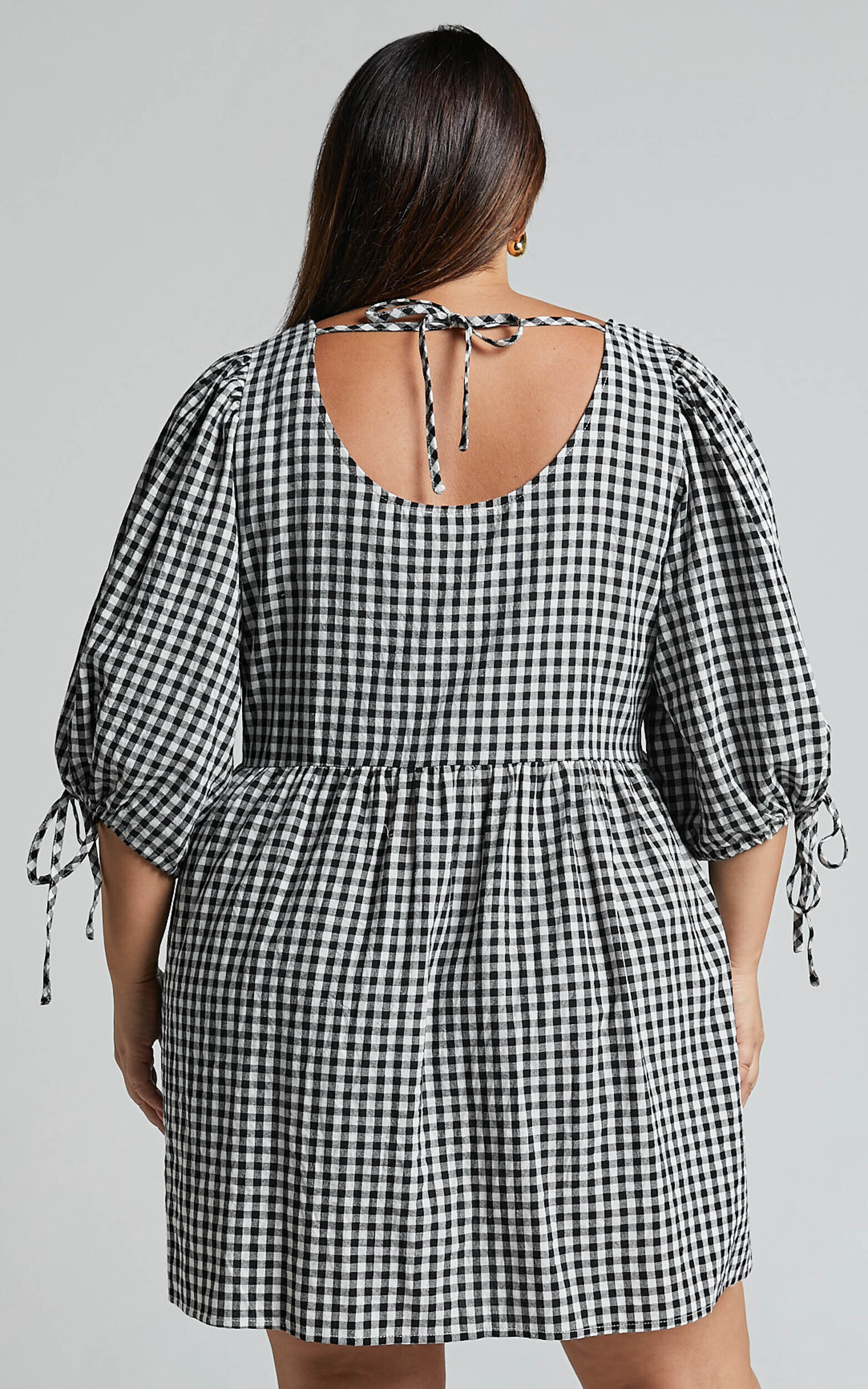 Rosita Mini Dress - Tie Front Puff Sleeve Dress in Black and White Check