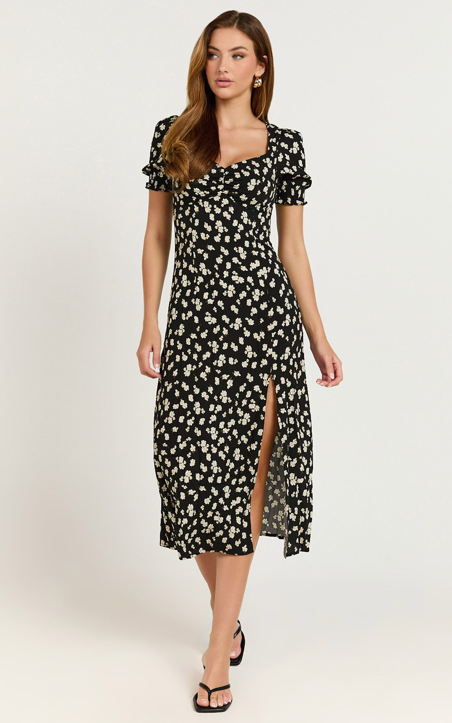 Marcel Midi Dress - Sweetheart Puff Sleeve Thigh Split Dress in Black Wildflower