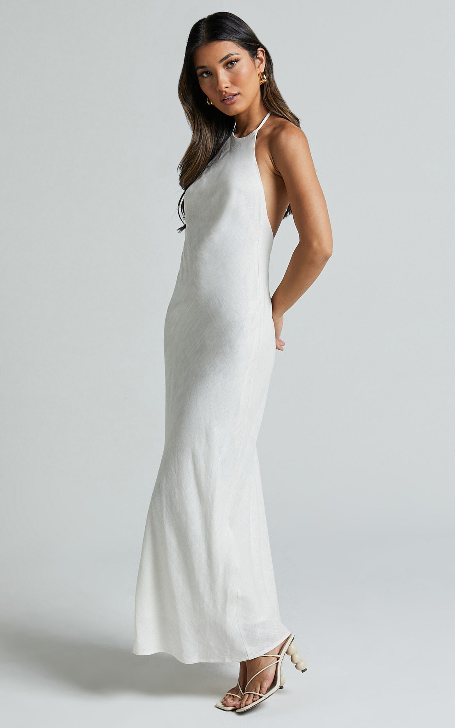 Cyrena Maxi Dress - Linen Halter Neck Sleeveless Slip Dress in Off White