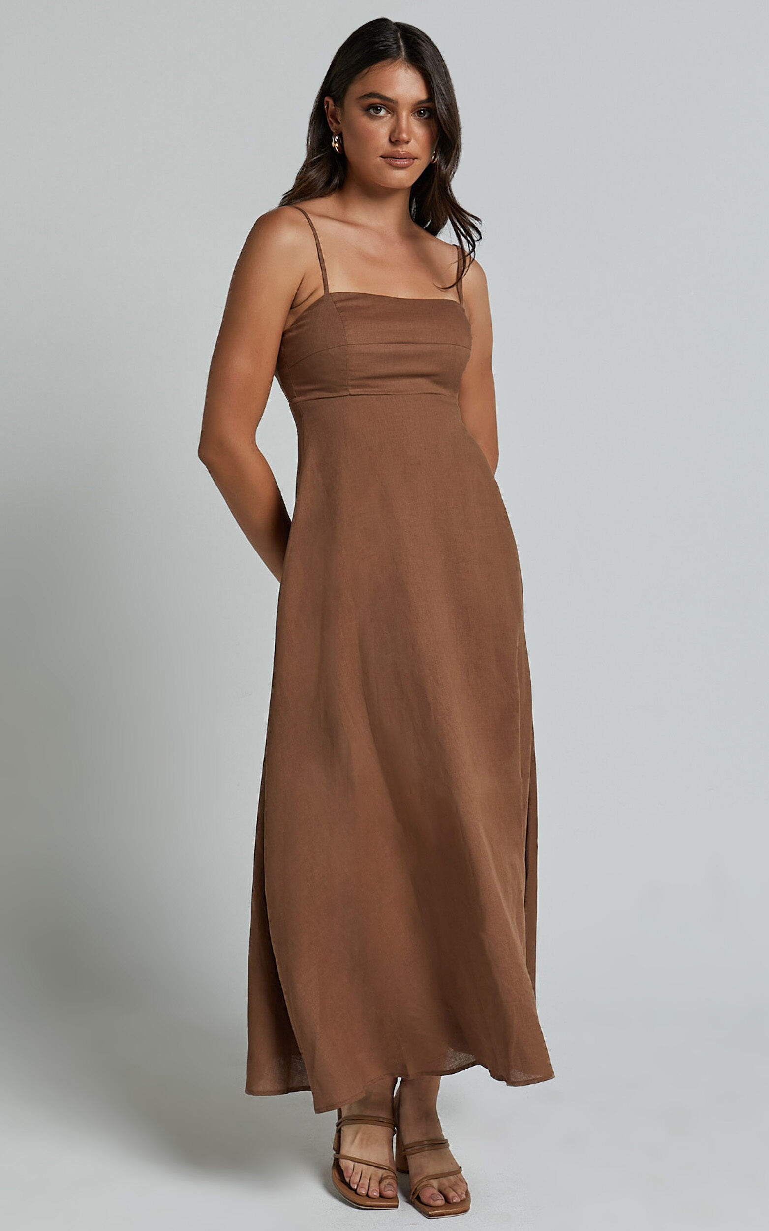 Brette Midi Dress - Linen Straight Neck Strappy Fit And Flare Dress in Tobacco