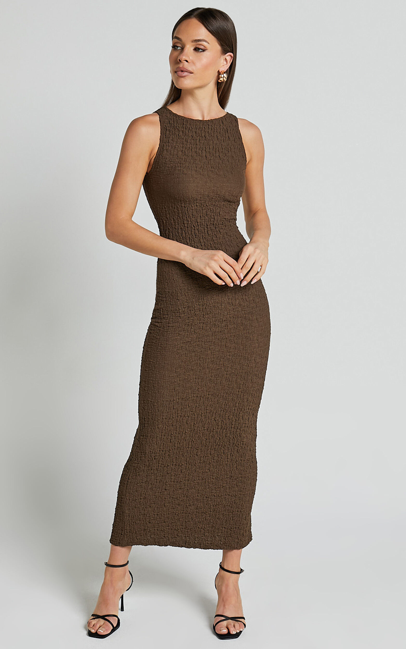 Alesia Maxi Dress - High Neck Sleeveless Bodycon Dress in Chocolate
