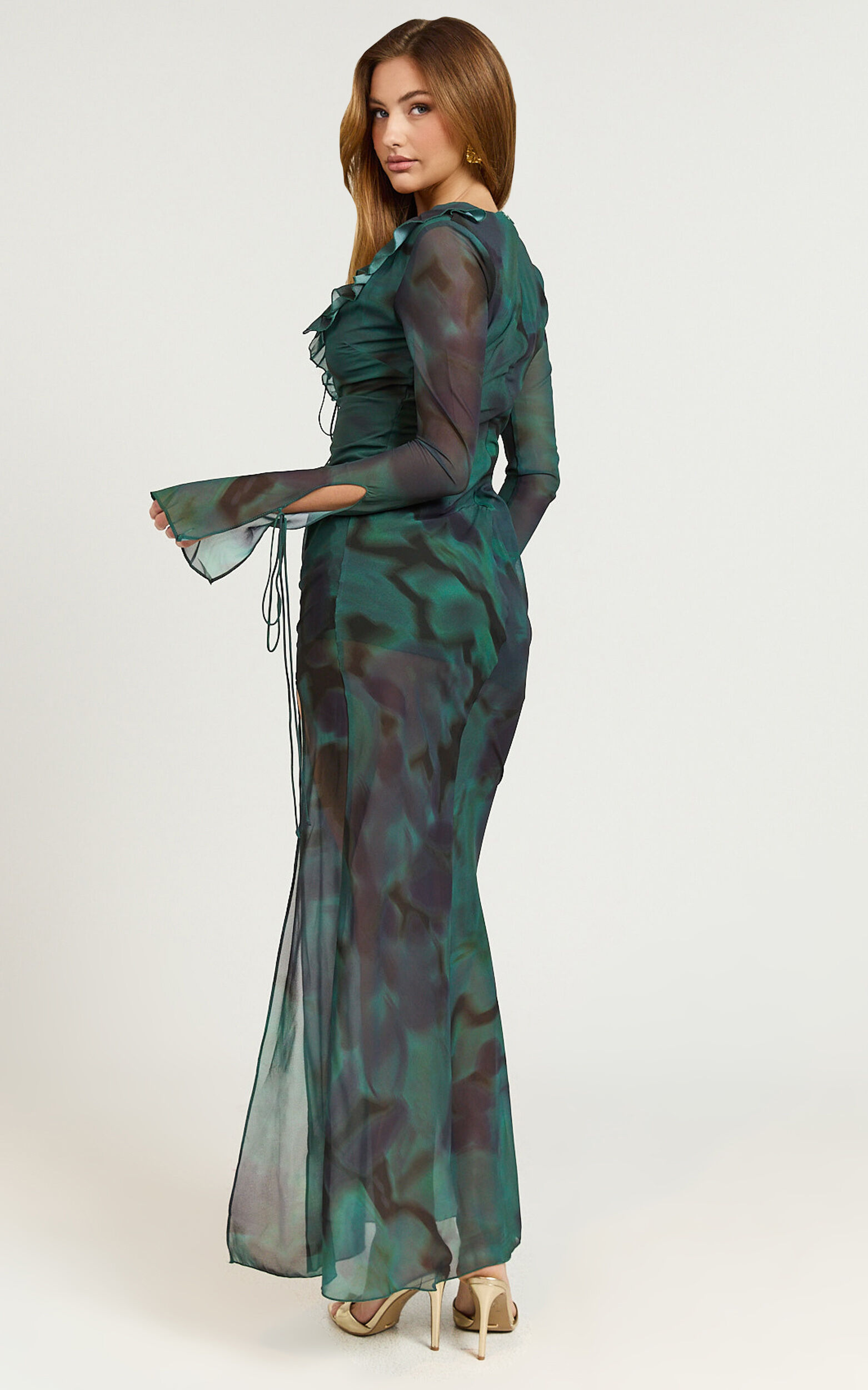 Katie Maxi Dress - Ruffle Plunge Neck Long Sleeve Dress in Green