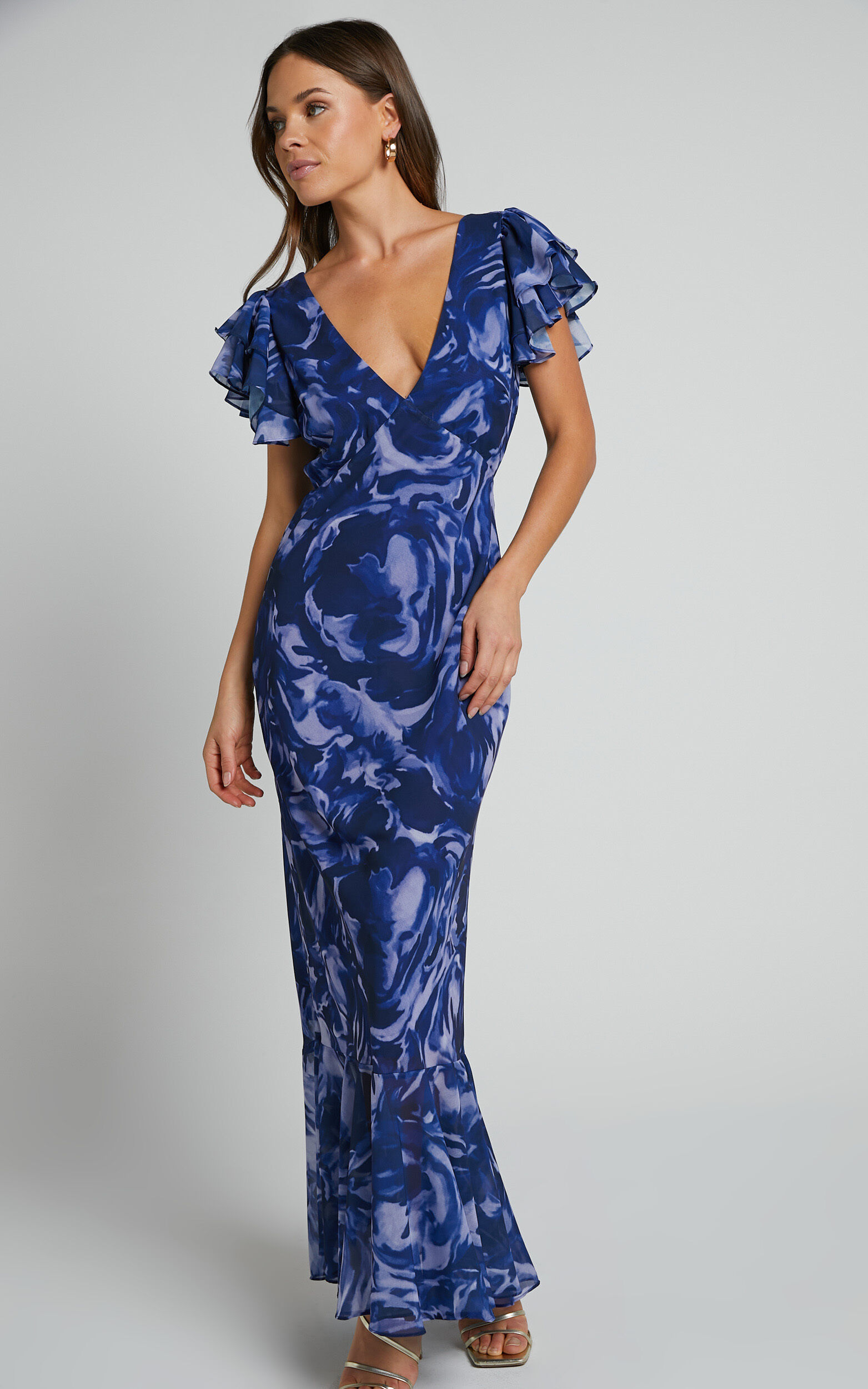 Dylana Midi Dress - V Neck Flutter Sleeve Dress in Navy Swirl