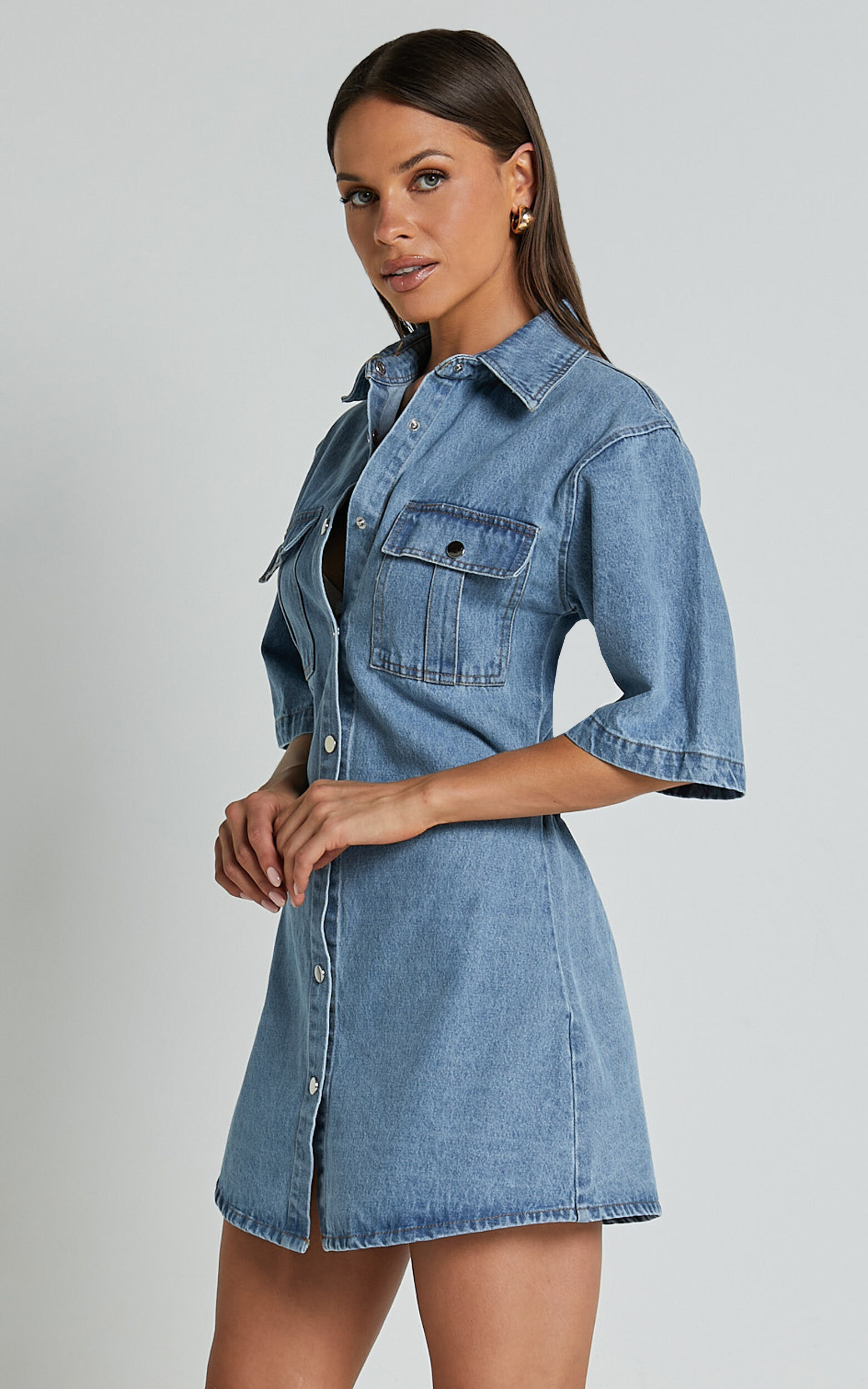 Leilani Mini Dress - Denim Short Sleeve Button Up Dress in Mid Blue