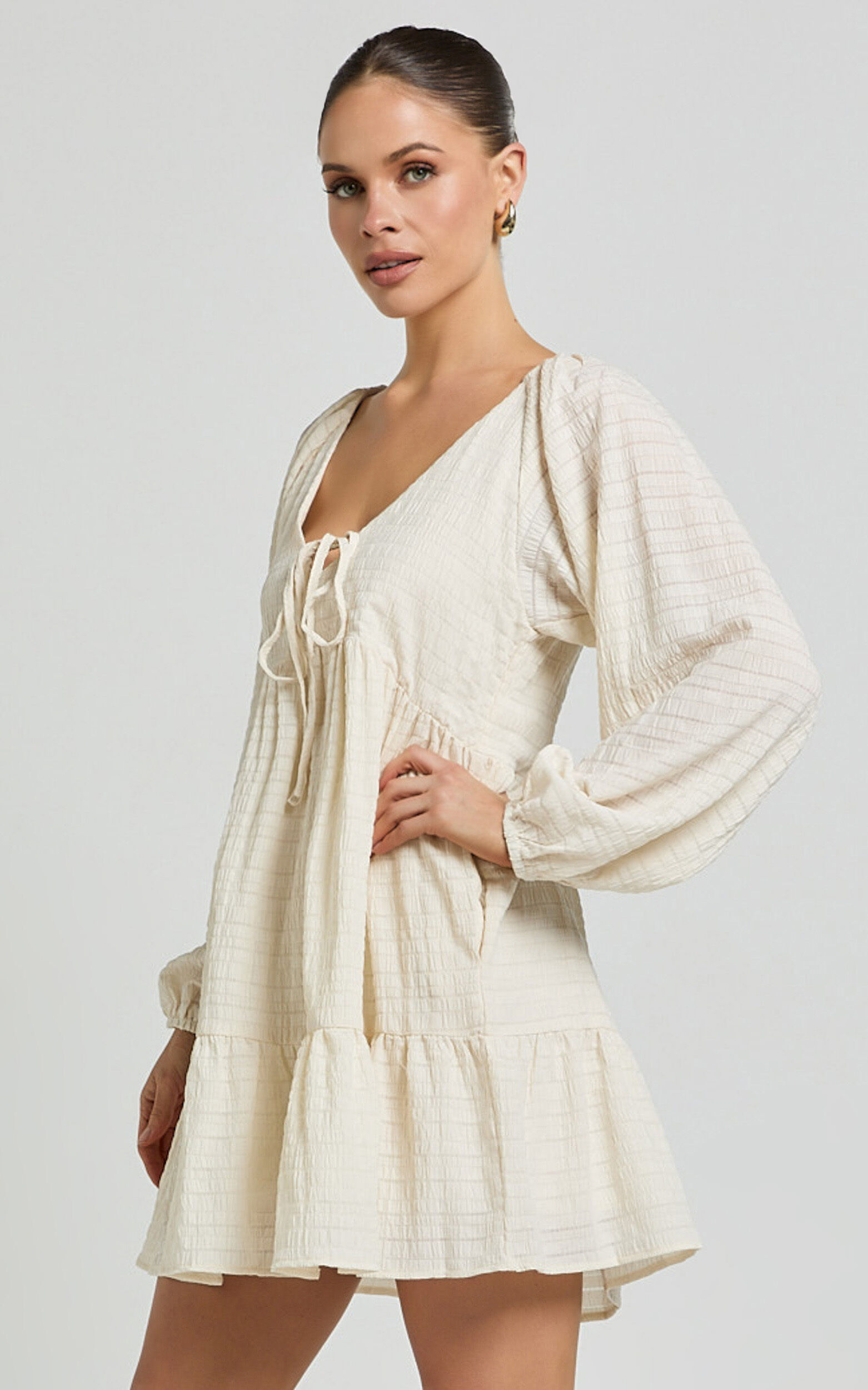 Chaney Mini Dress - Long Sleeve Tie Front Smock Dress in Ivory