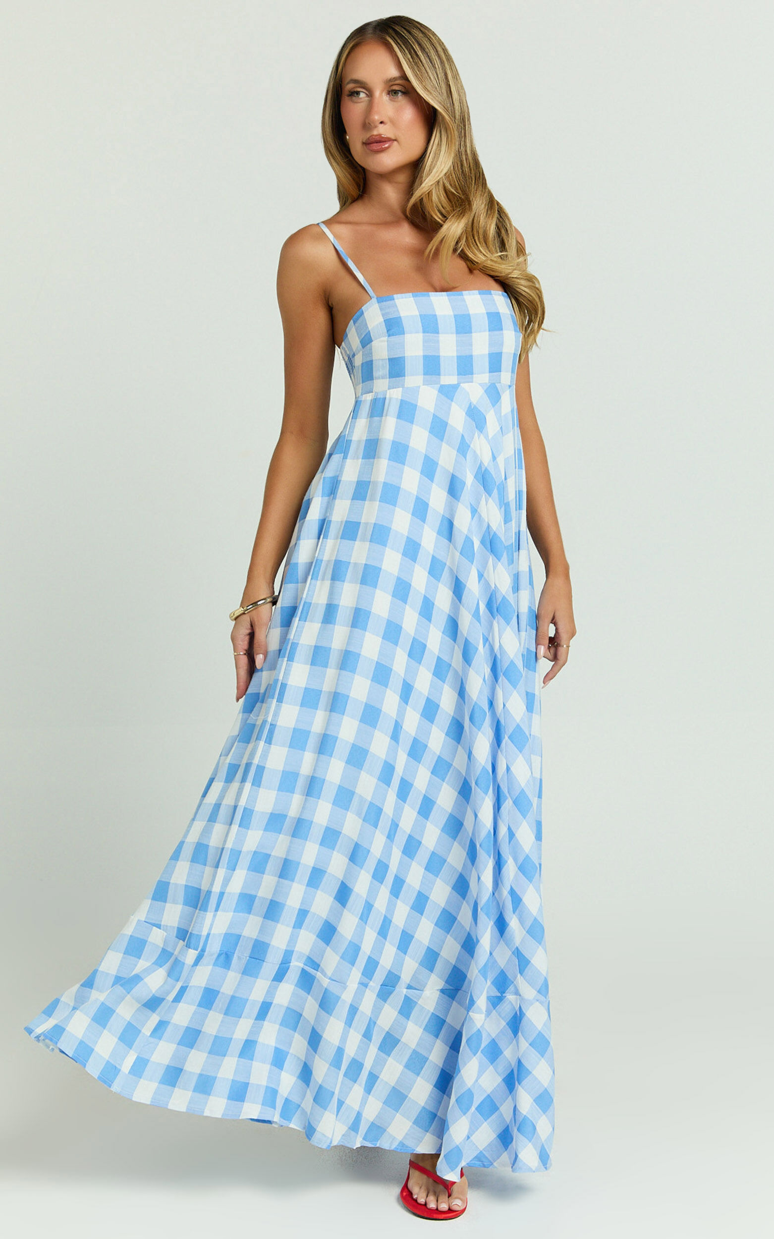 Katrien Maxi Dress - Strappy Empire Waist Flare Dress in Blue Check