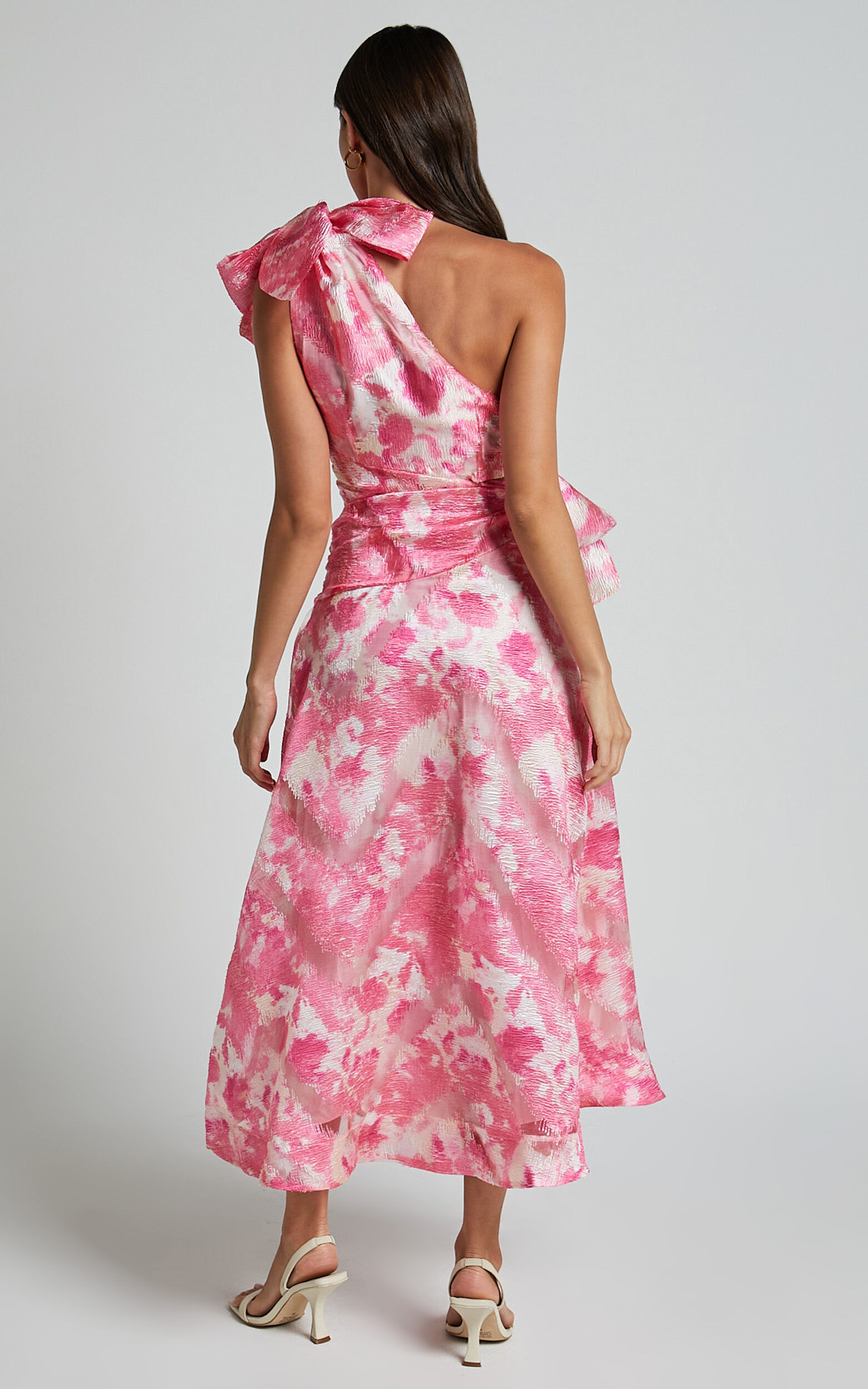 Adelia Midi Dress - One Shoulder Tie Side Cut Out Ribbon Detail Dress in Print