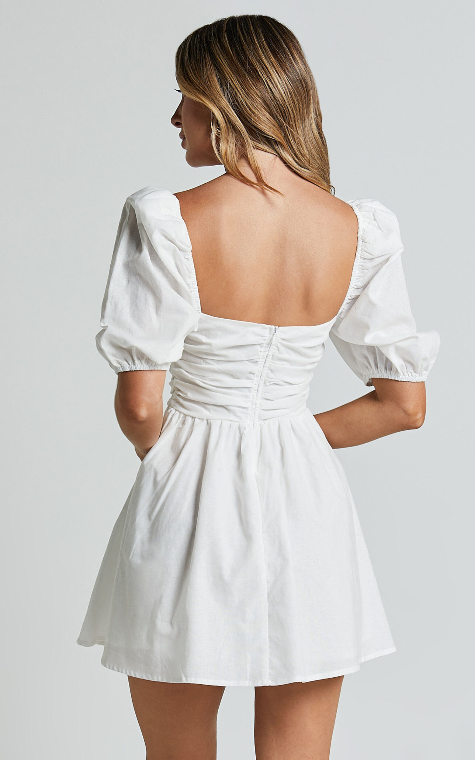 Claudina Mini Dress - Linen Look Puff Sleeve Ruched Bodice Dress in White