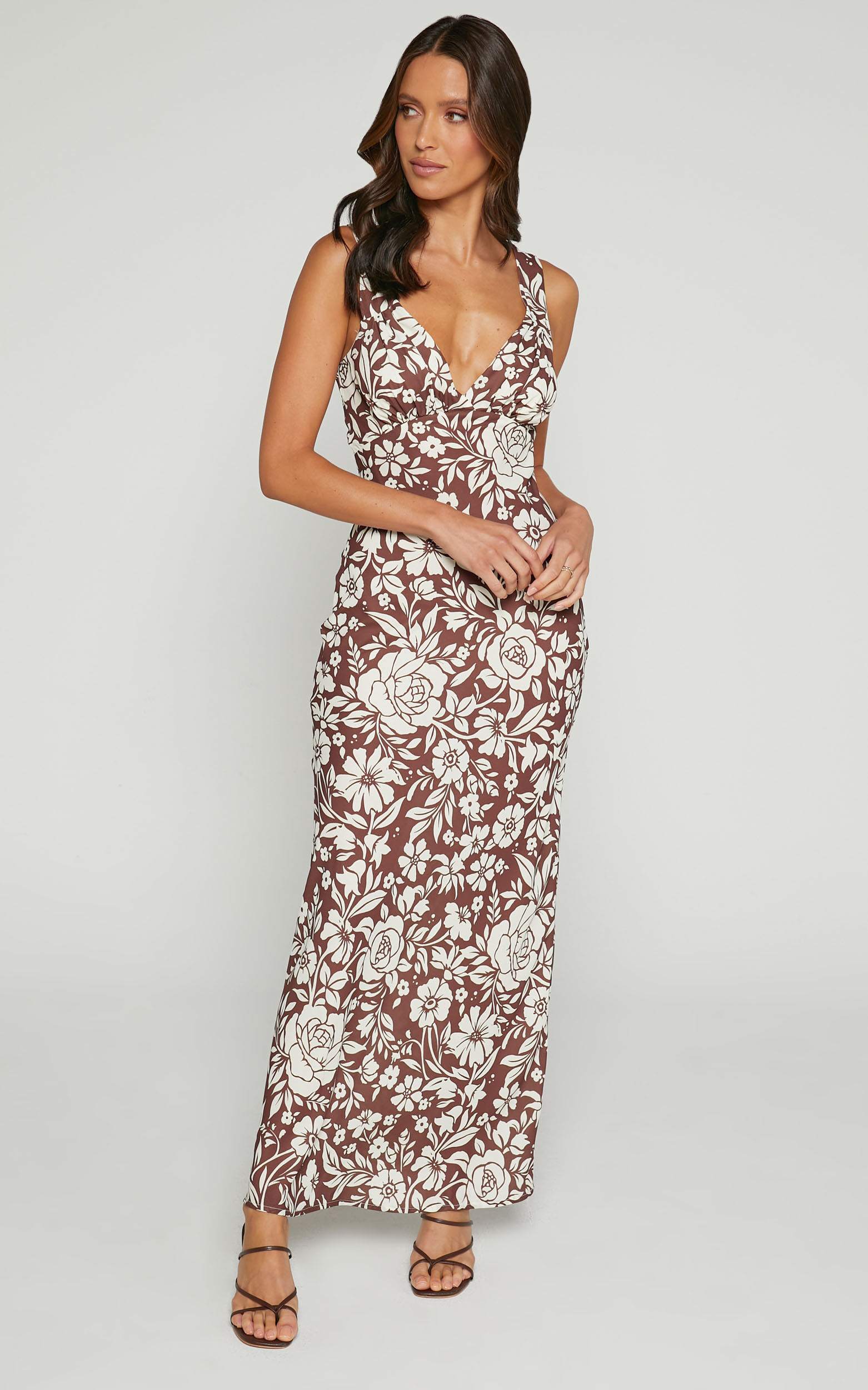 Mauriel Midi Dress - Deep V Gathered Bust Slip Dress in Brown Floral