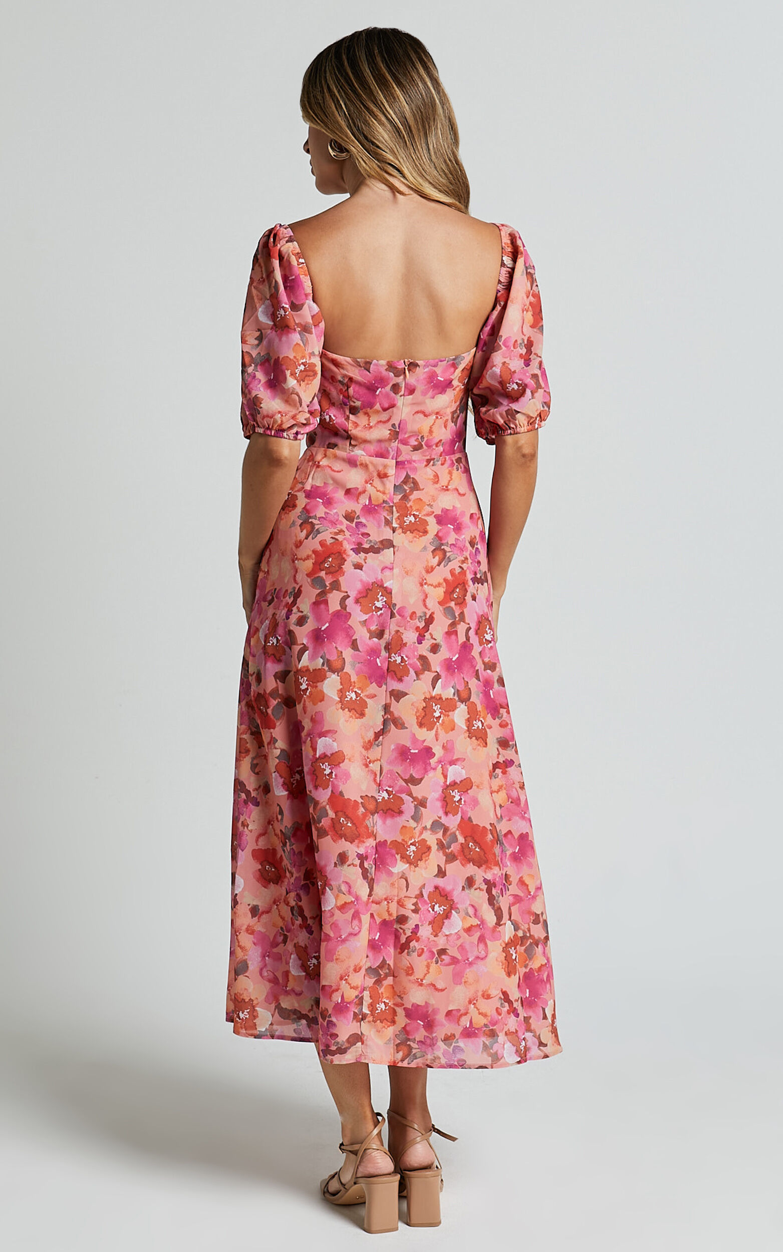 Austen Midi Dress - Short Puff Sleeve Thigh Split Dress in Apricot Blossom