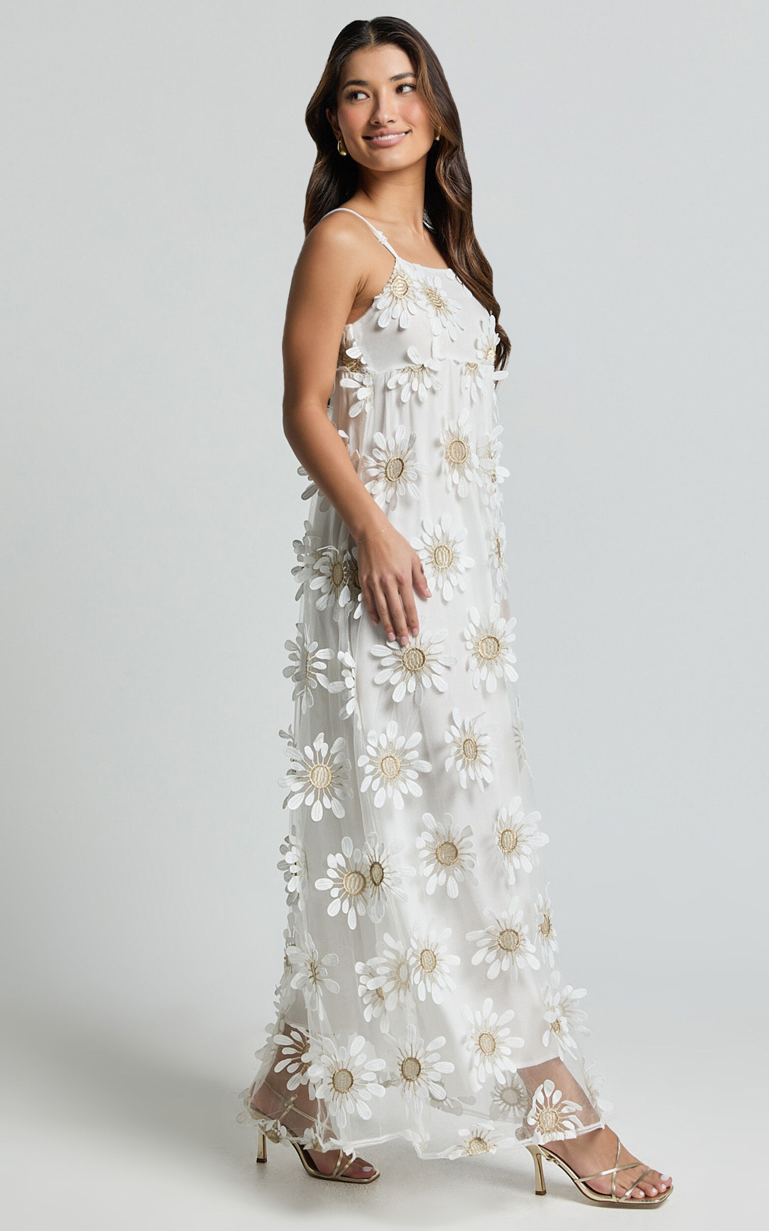 Candice Midi Dress - Straight Neck Floral Embroidery Detail Shift Dress in White