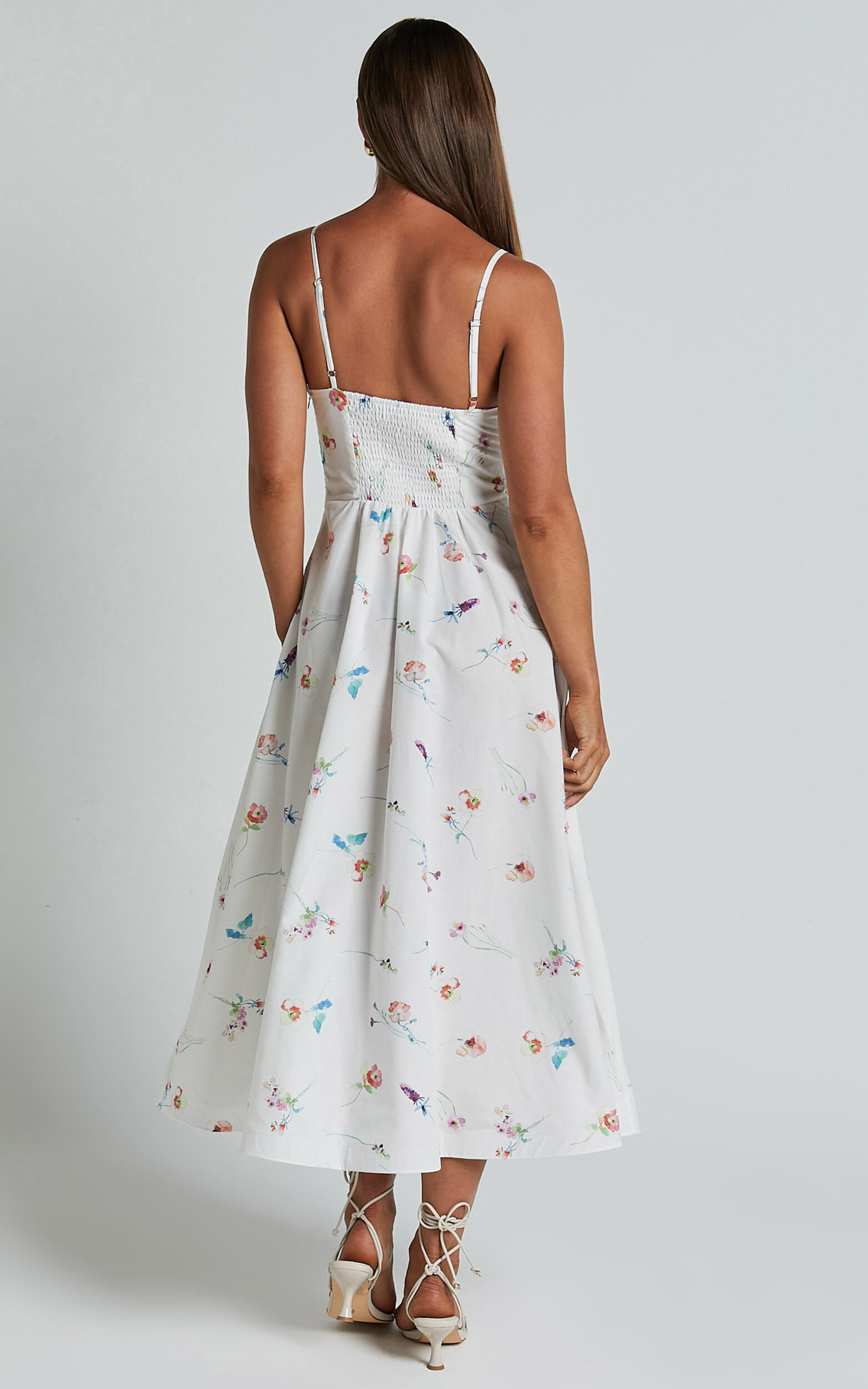 Robertson Midi Dress - Strappy Sweetheart Bustier Flare Dress in Painterly Wild Flower