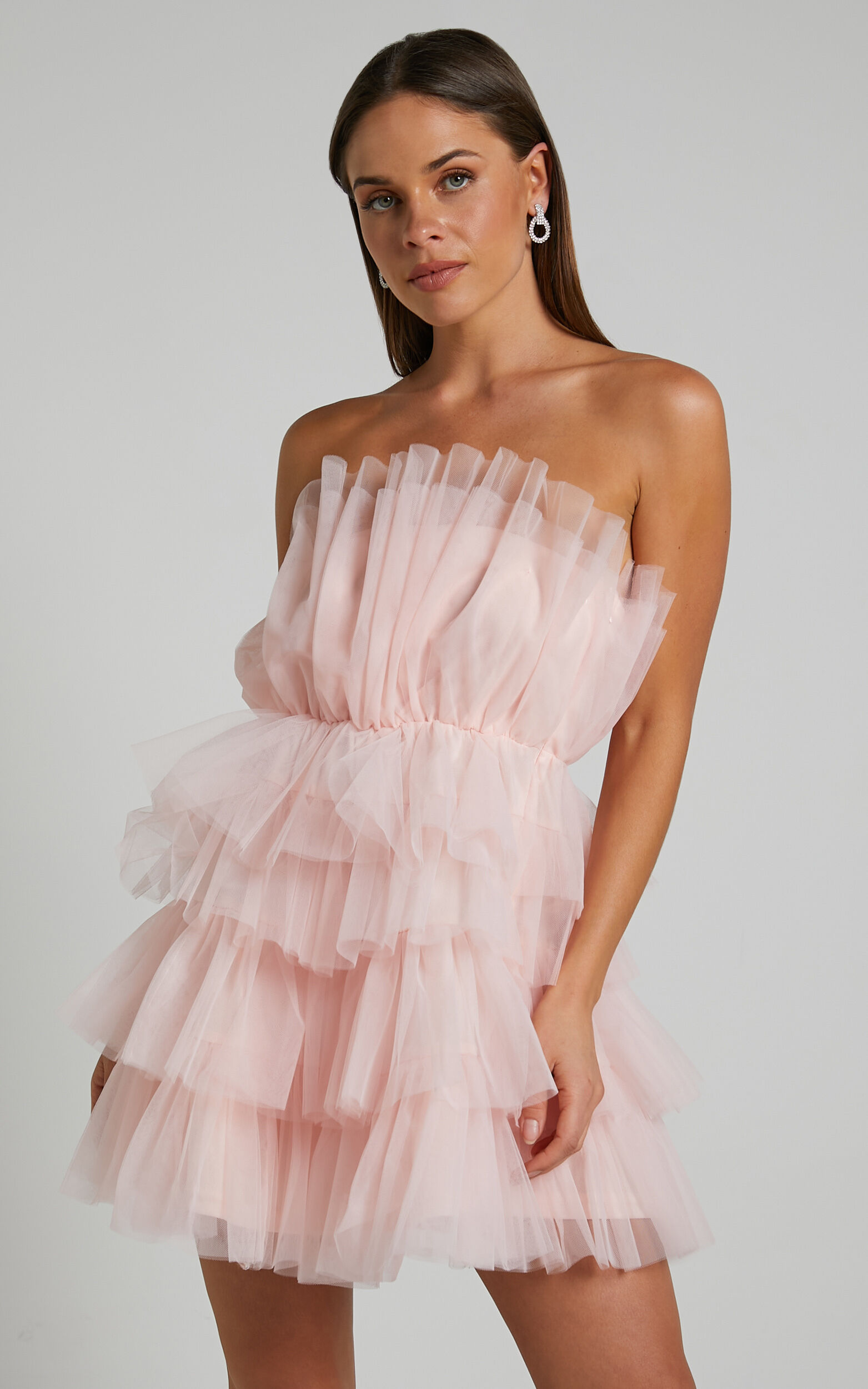 Allora Mini Dress - Tiered Tulle Fit and Flare Dress in Pale Pink