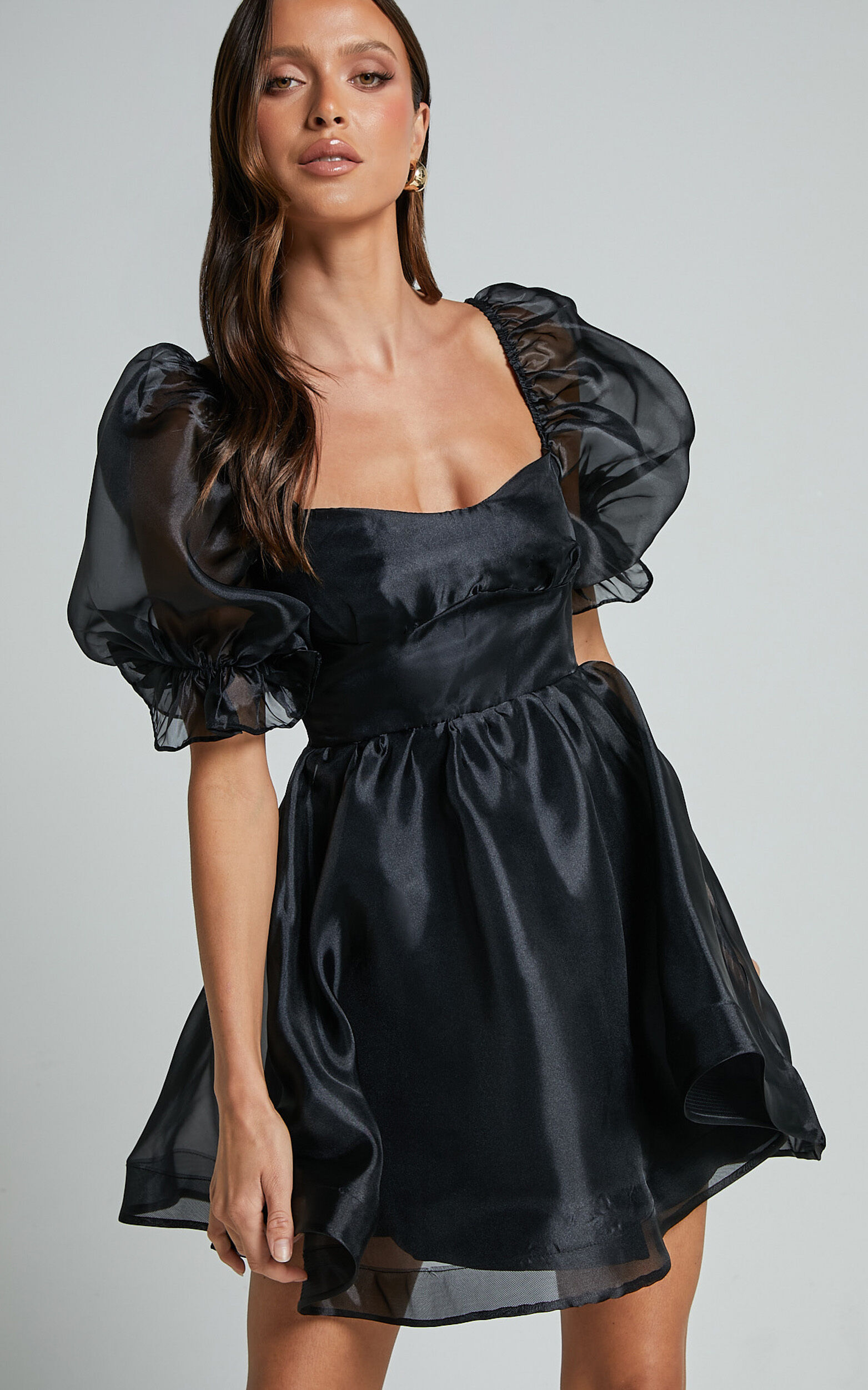 Ariya Mini Dress - Organza Puff Sleeve Dress in Black
