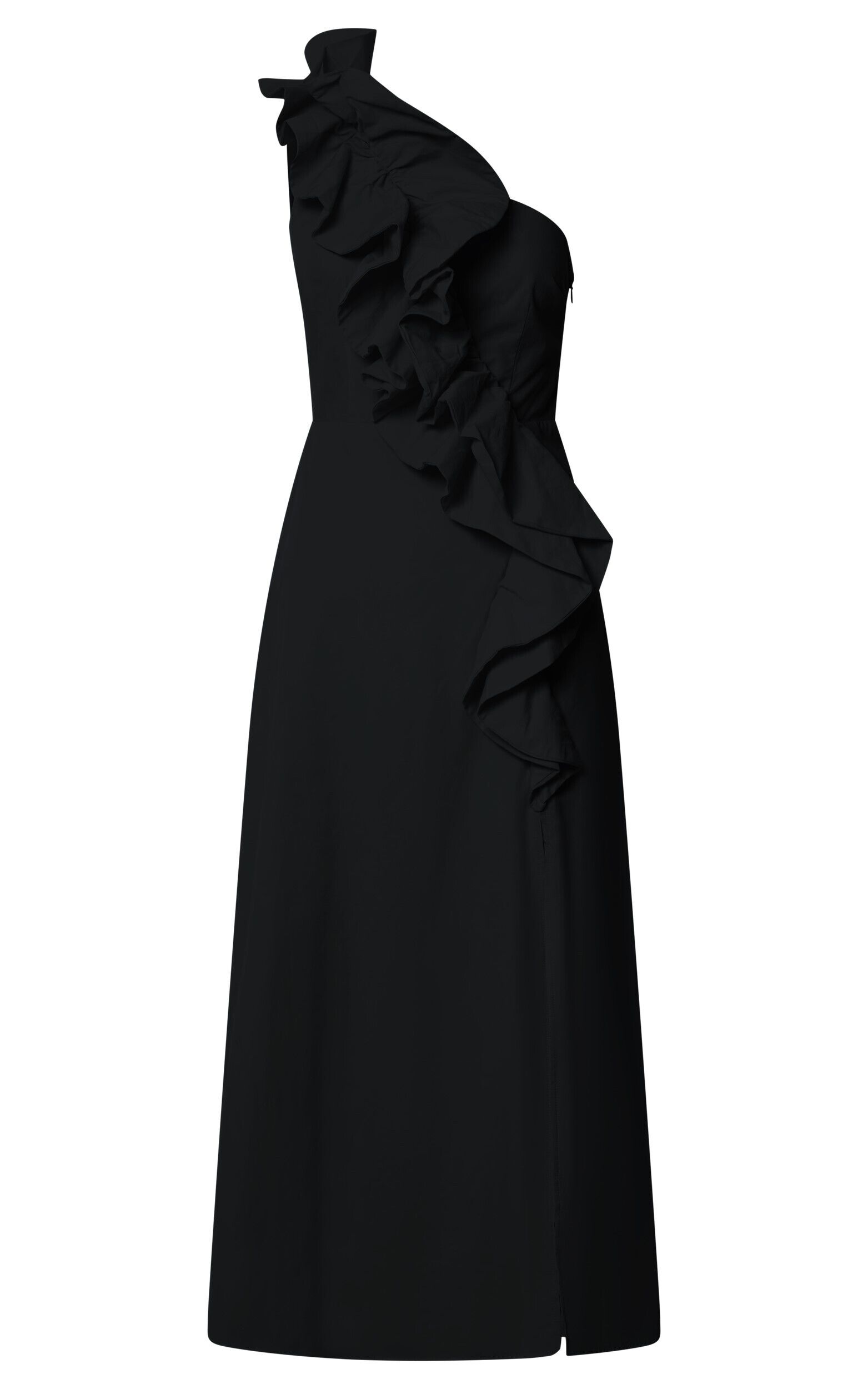 Rita Midi Dress - One Shoulder Ruffle Detail Dress in Black