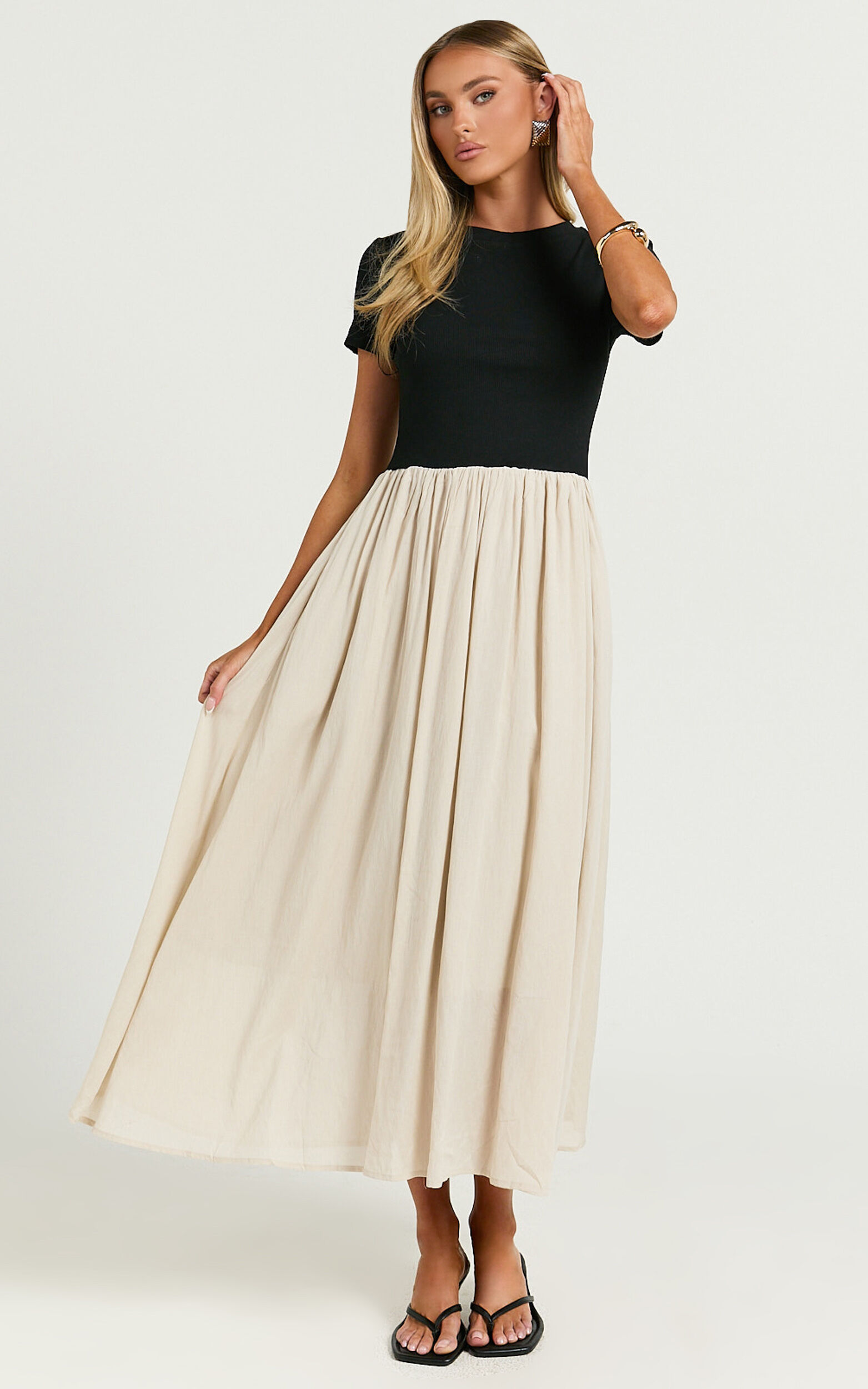 Hermie Midi Dress - Short Sleeve Contrast Dress in Black & Beige