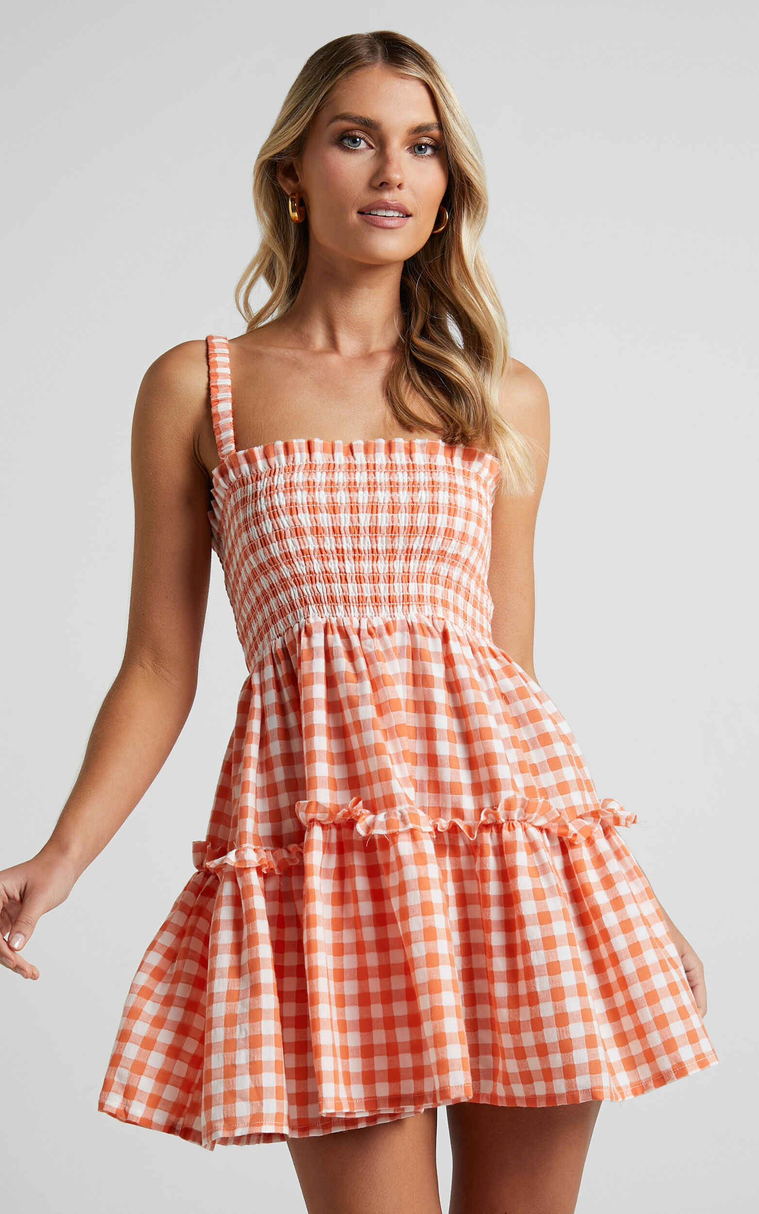 Wilda Mini Dress - Shirred Tiered Dress in Orange
