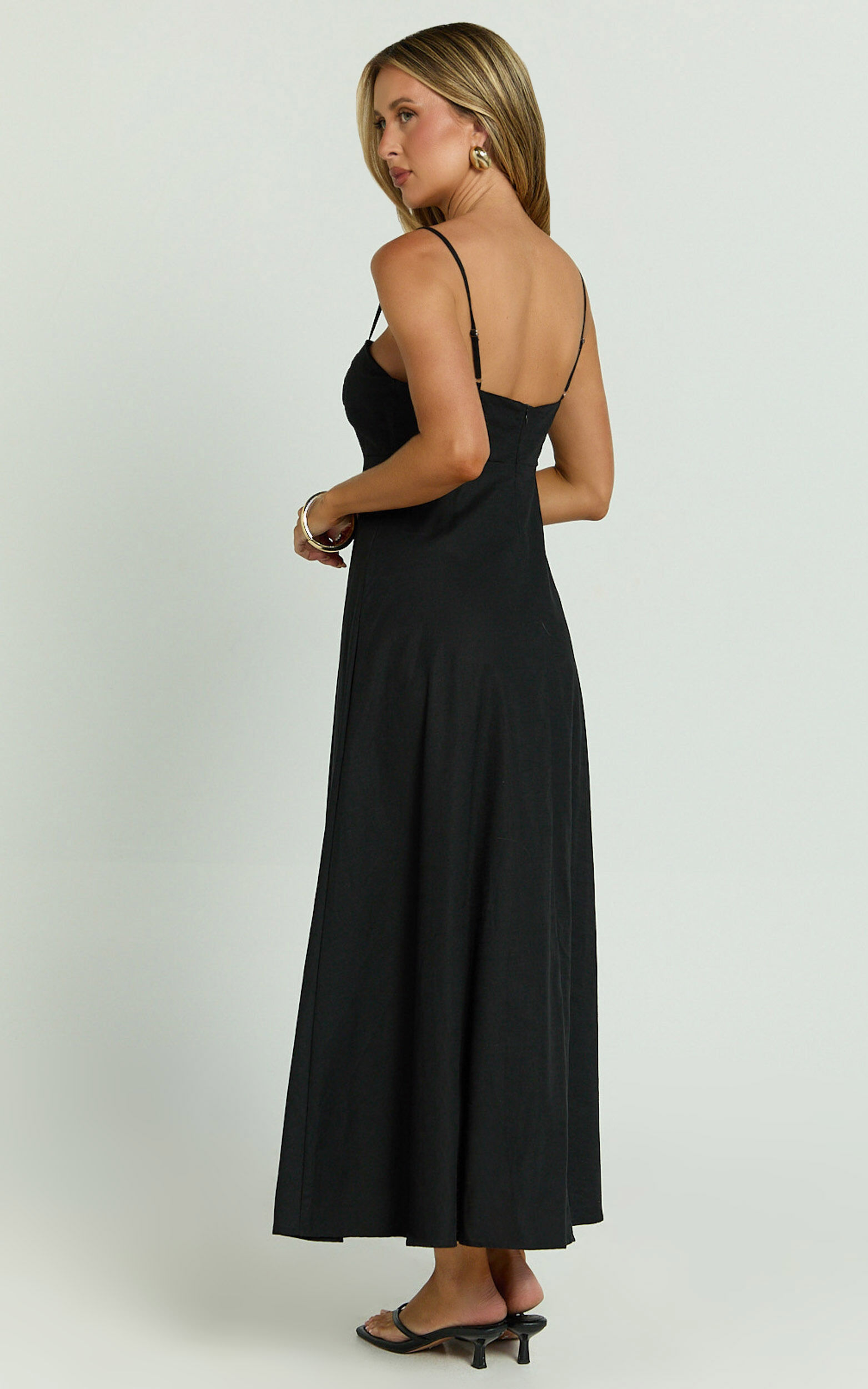 Brette Midi Dress - Linen Straight Neck Strappy Fit And Flare Dress in Black