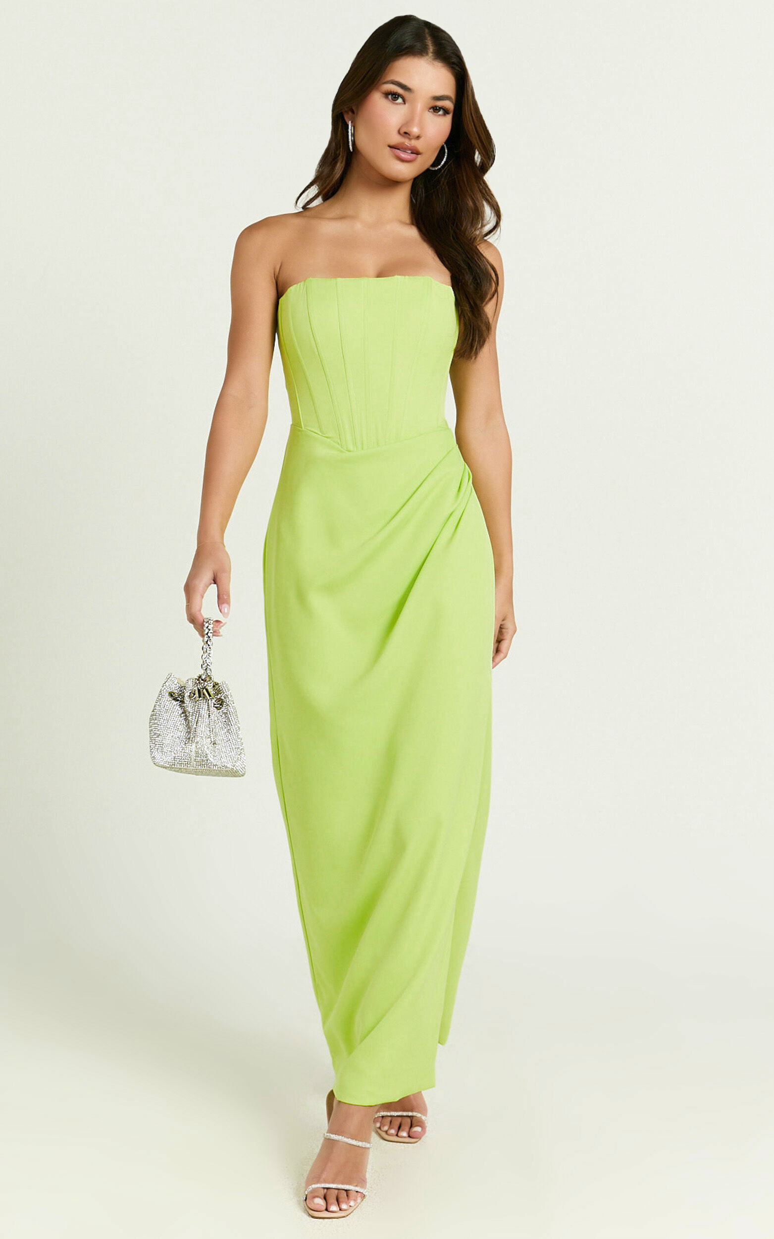Avery Midi Dress - Strapless Draped Side Split Dress in Lime