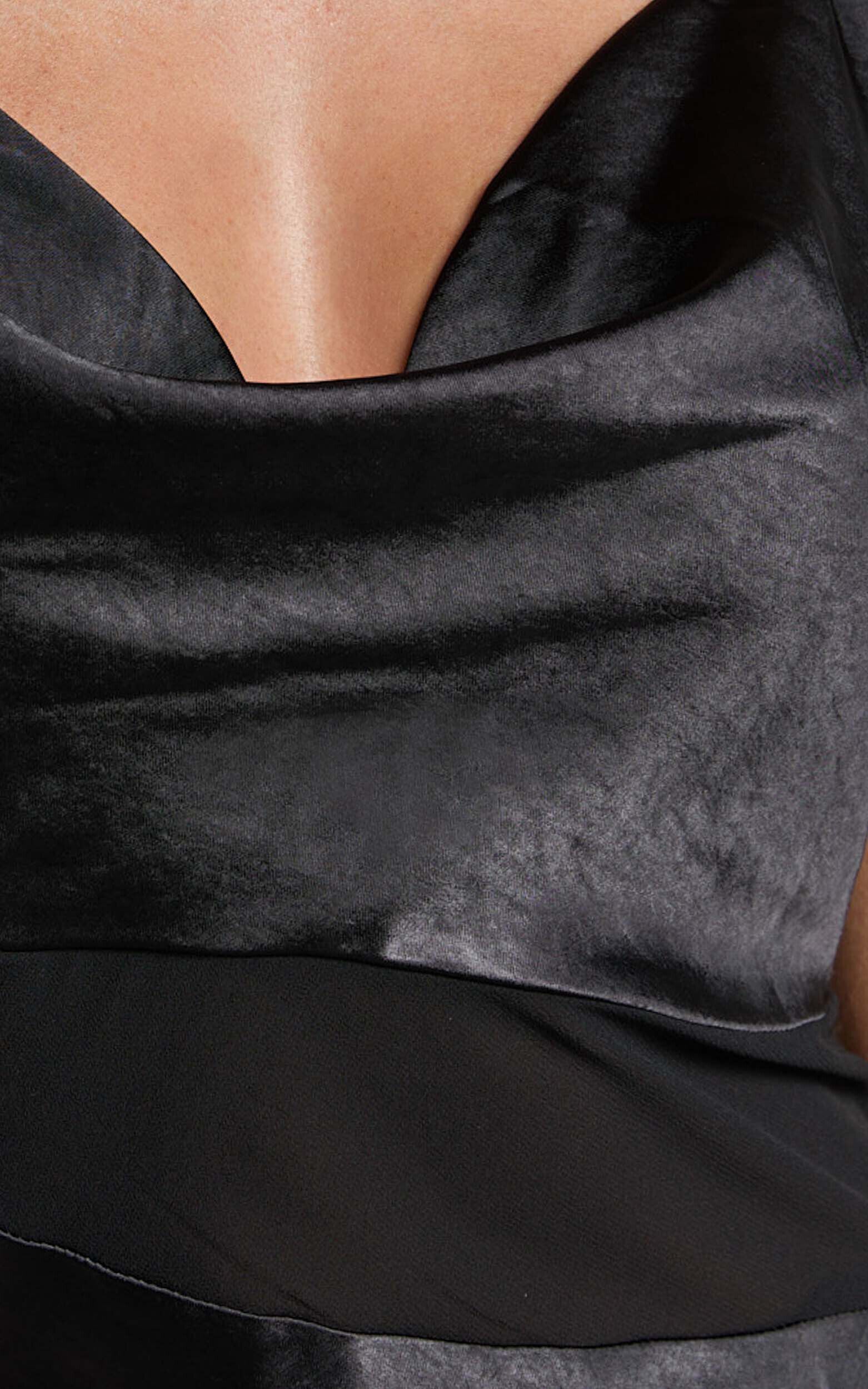 Sansa Midi Dress - Satin Cowl Neck Contrast Hem Asymmetrical Dress in Black