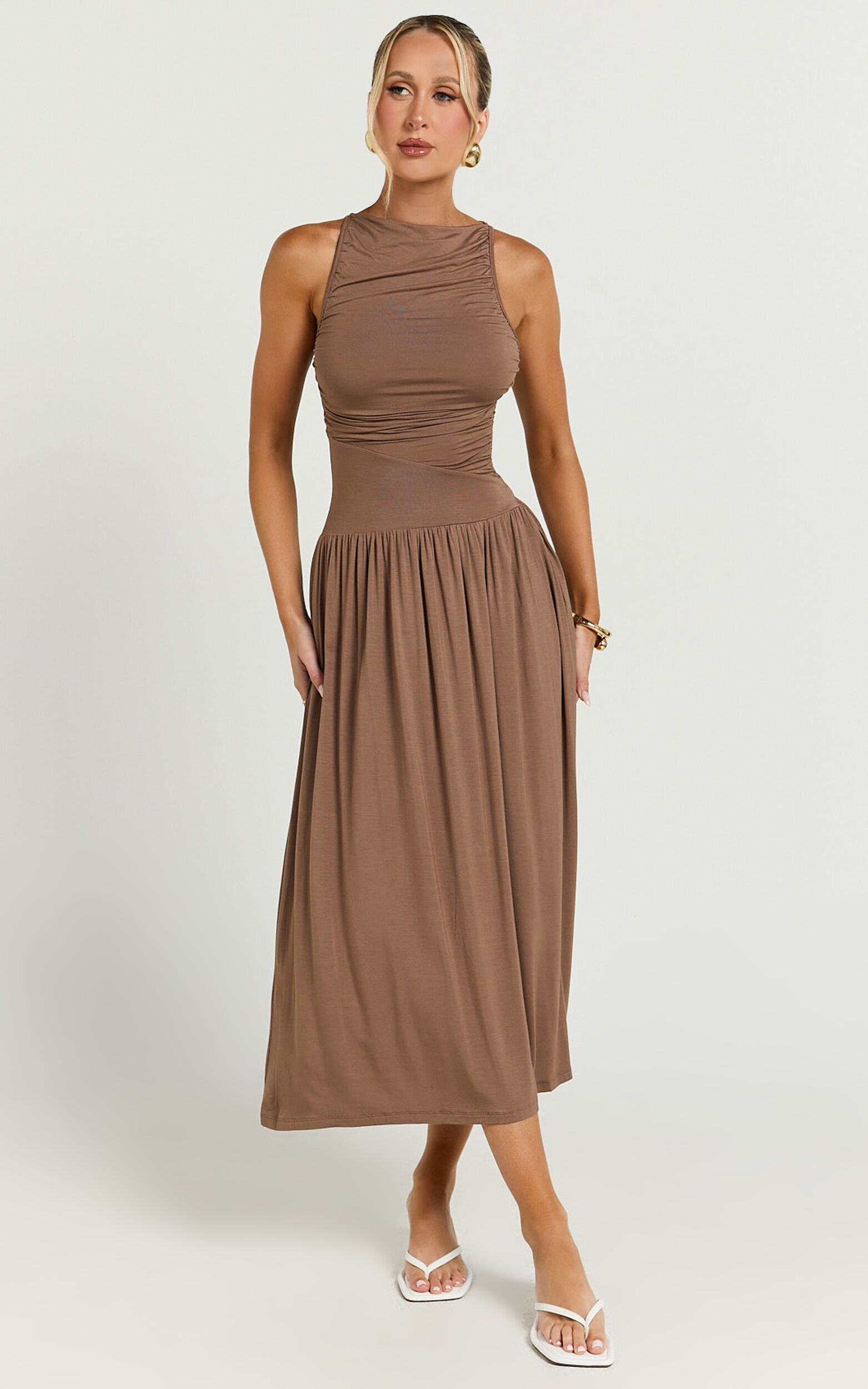 Anciel Midi Dress - Ruched Drop Waist Dress in Chocolate