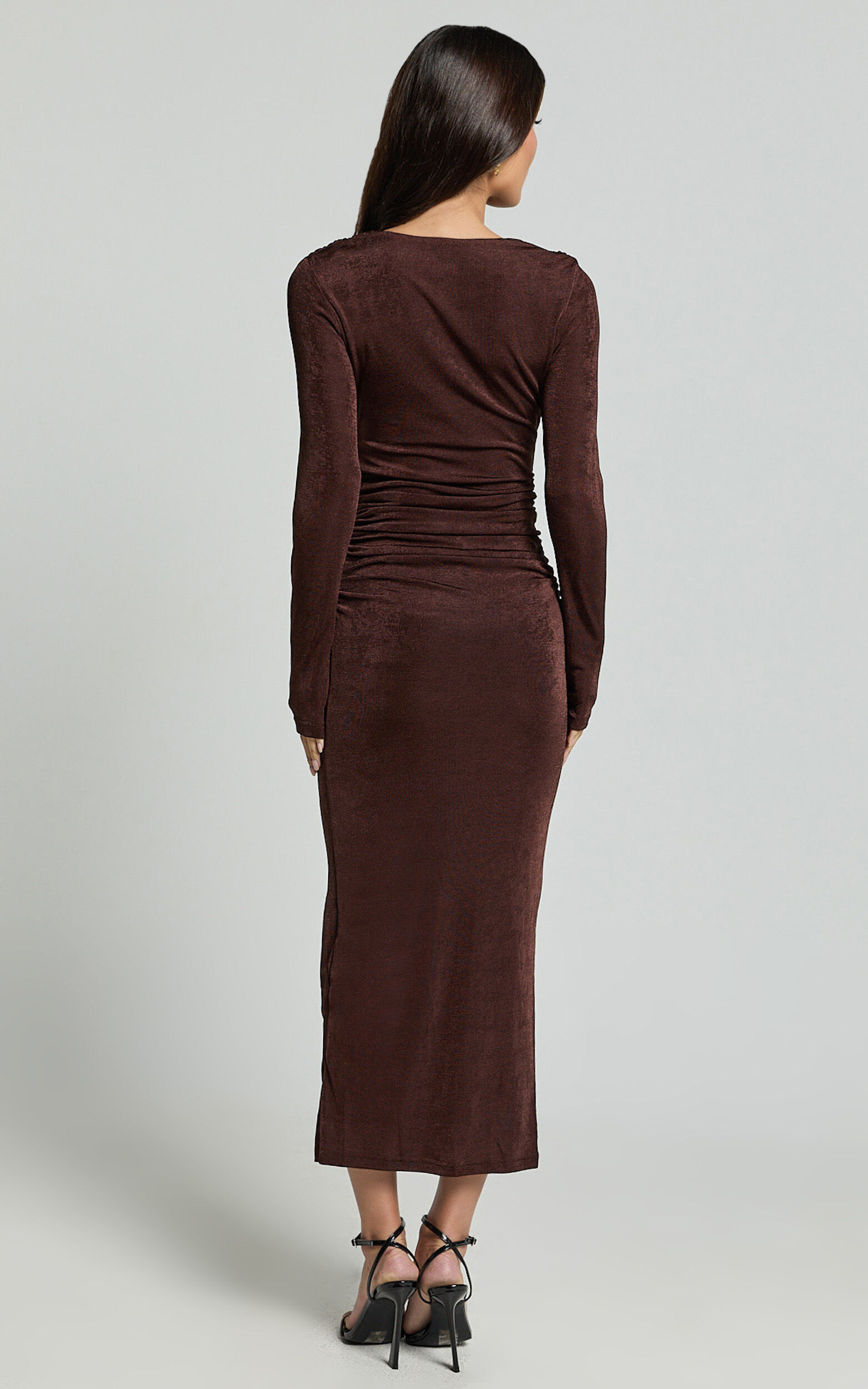 Melanie Midi Dress - Plunge Long Sleeve Tie Front Dress in Chocolate
