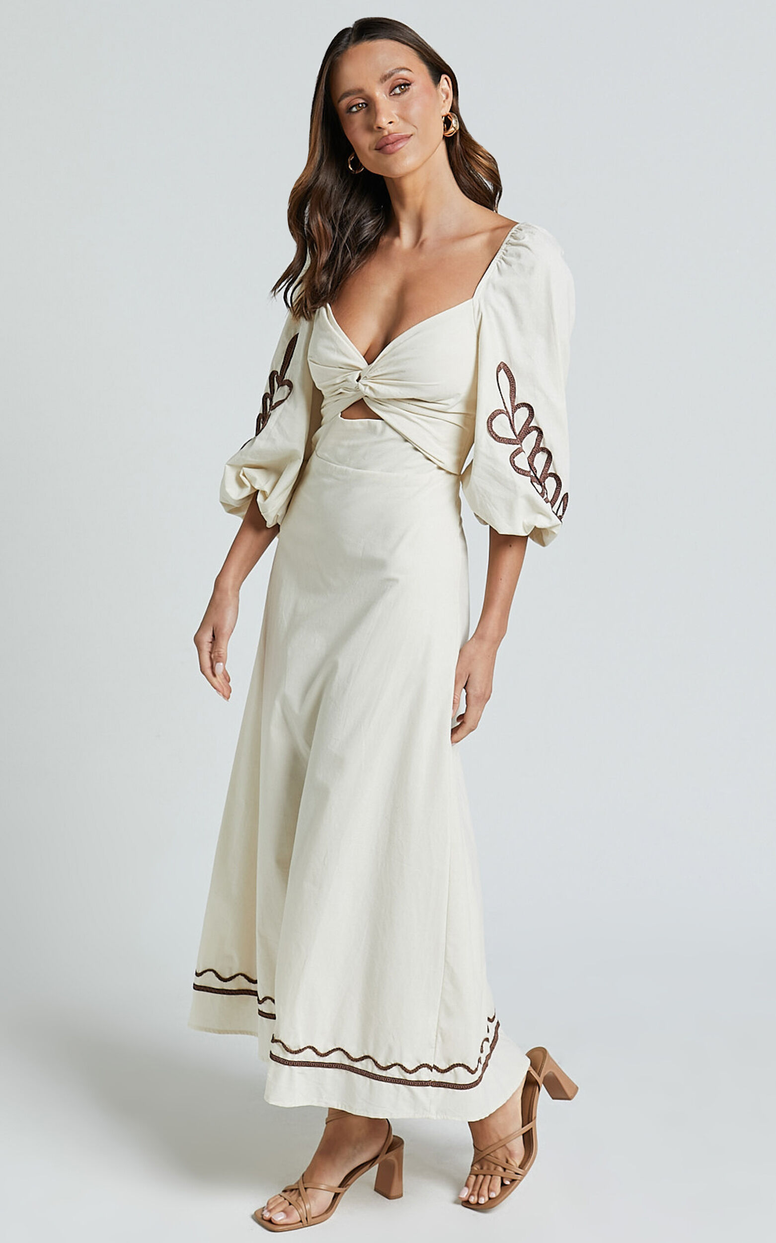 Isadora Midi Linen Dress - Cut Out Long Sleeve Contrast Embroidery Dress in Natural