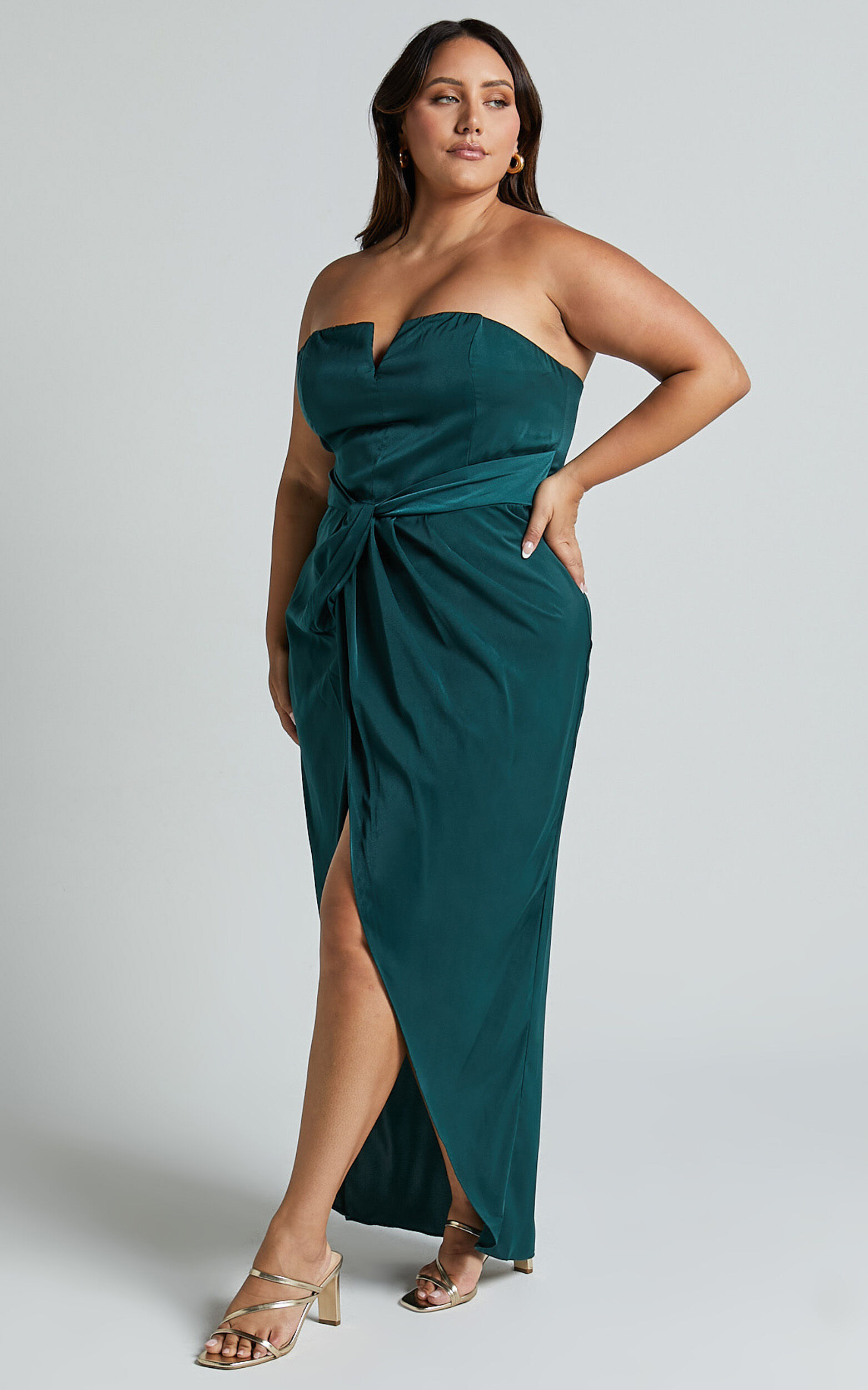 Rhyanna Maxi Dress - Twist Front Strapless Dress in Emerald