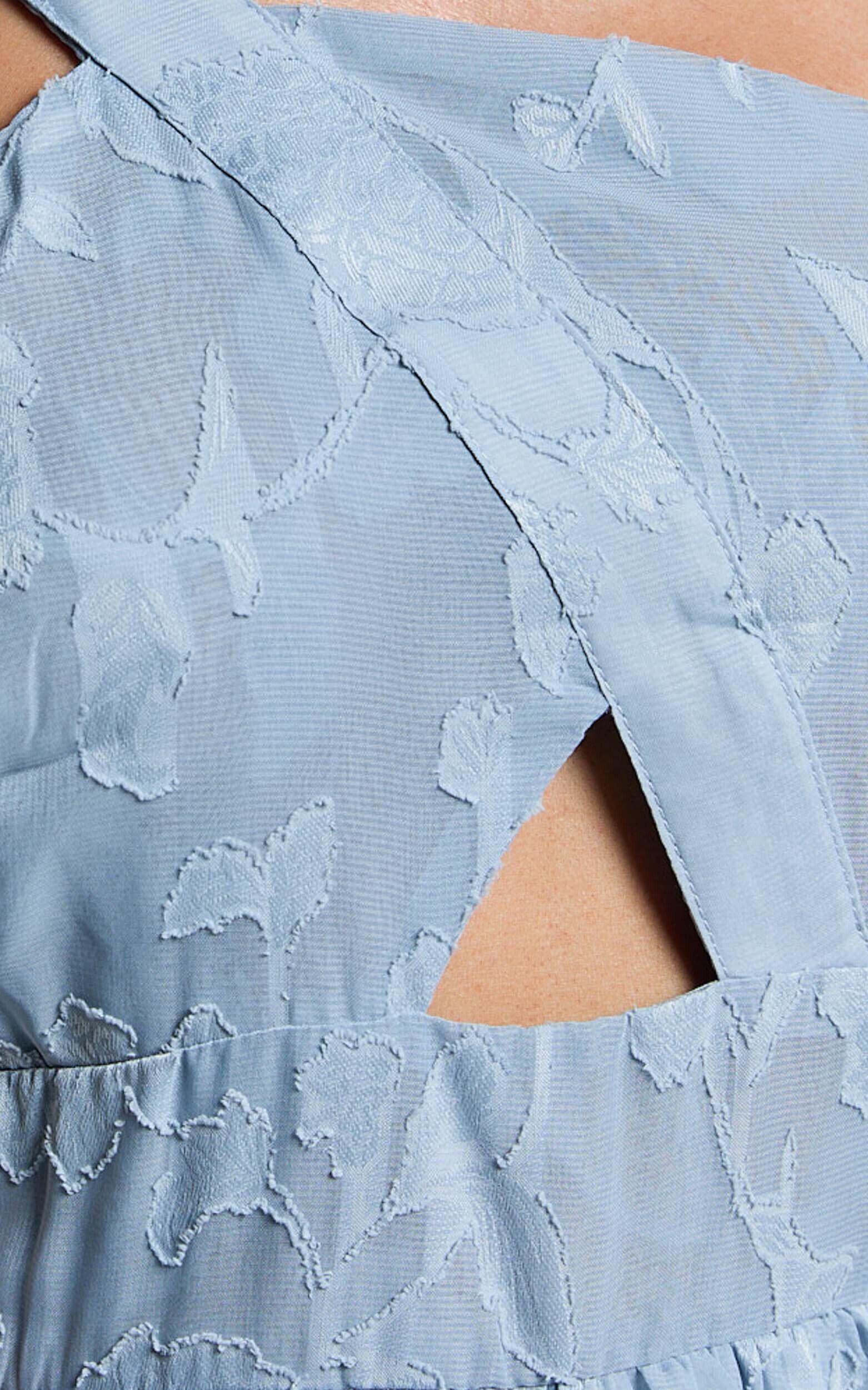 Alvinia Midi Dress - One Shoulder Cut Out Tiered Dress in Light Blue