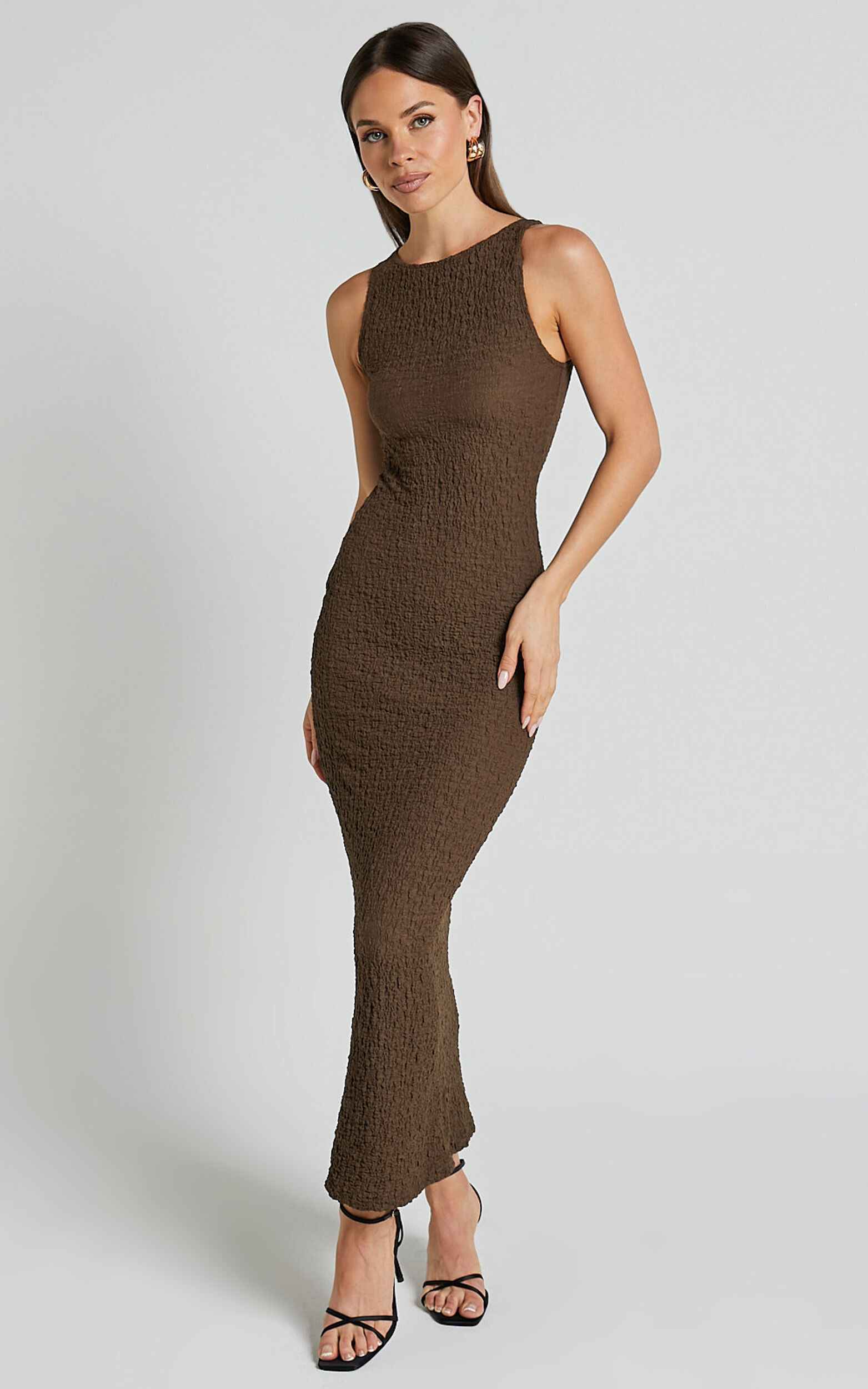Alesia Maxi Dress - High Neck Sleeveless Bodycon Dress in Chocolate