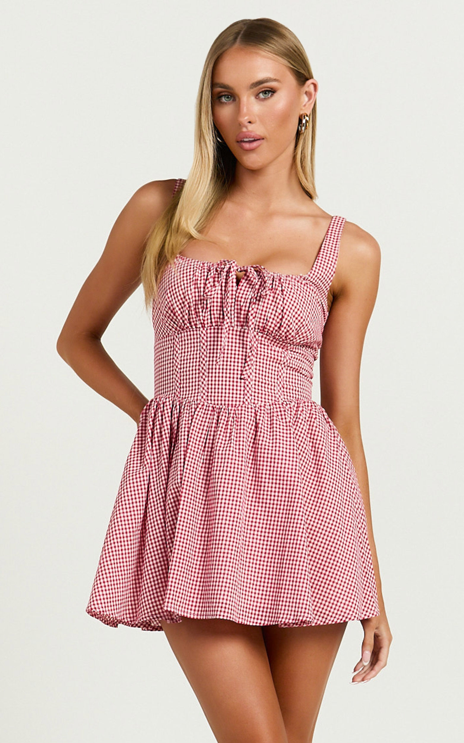 Keegan Mini Dress - Ruched Bust Front Tie Gathered Skirt Dress in Red Gingham