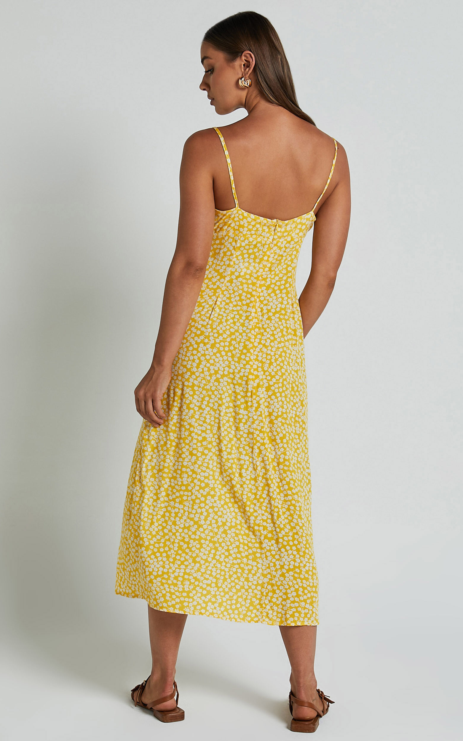 Willa Midi Dress - Ruched Bust Thigh Split Dress in Yellow Floral