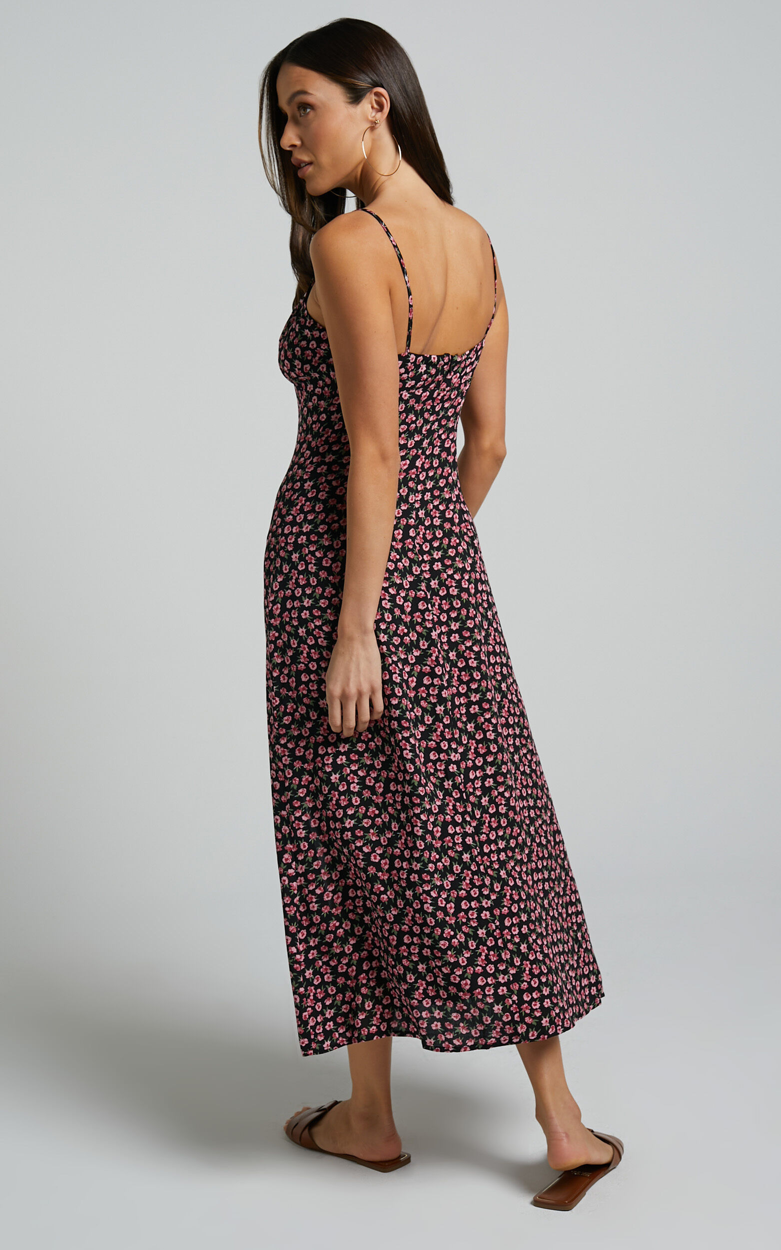 Willa Midi Dress - Ruched Bust Thigh Split Dress in Black Floral