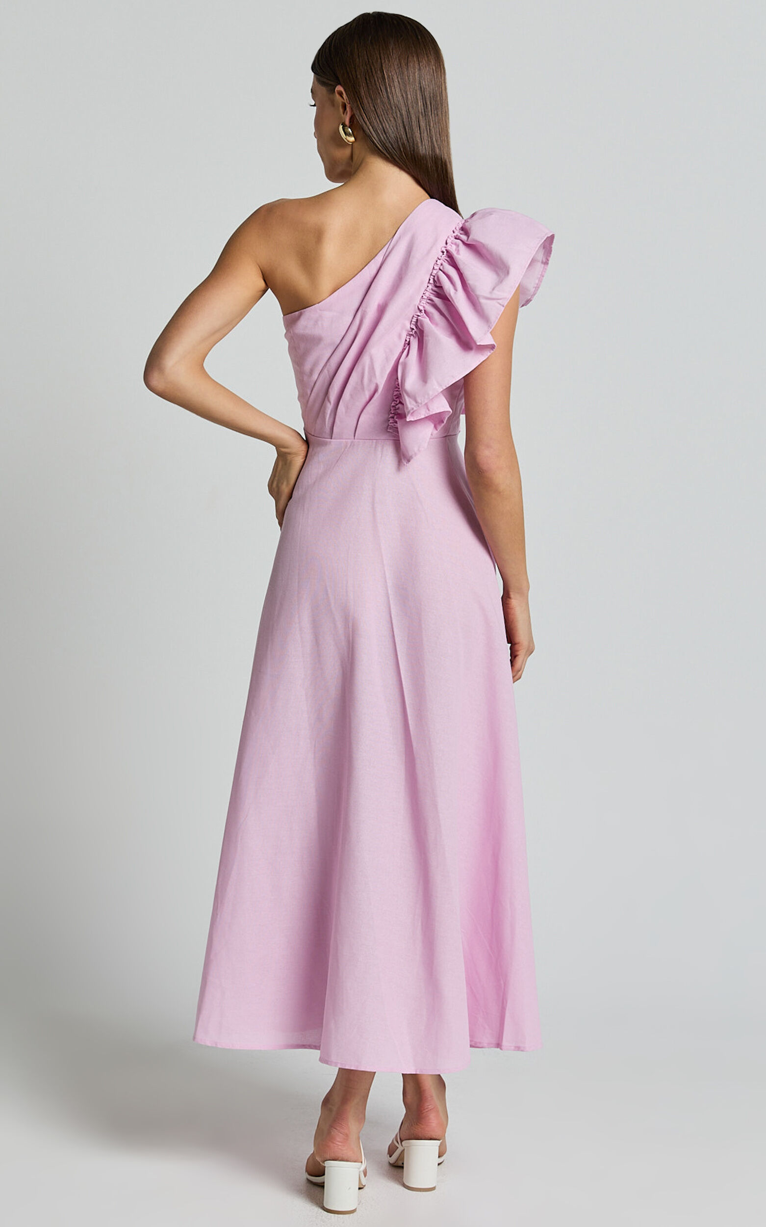 Dixie Midi Dress - Linen Look One Shoulder Ruffle Dress in Pink