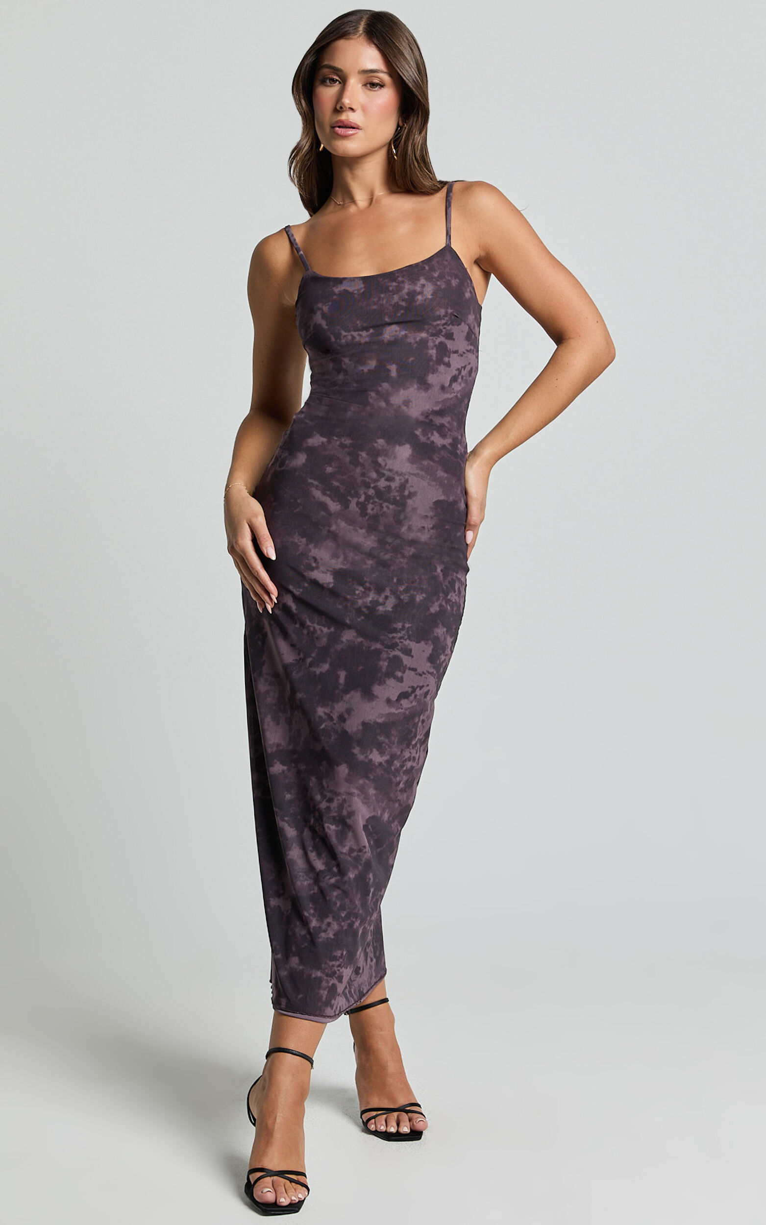 Teagan Midi Dress - Strappy Mesh Slip Dress in Plum