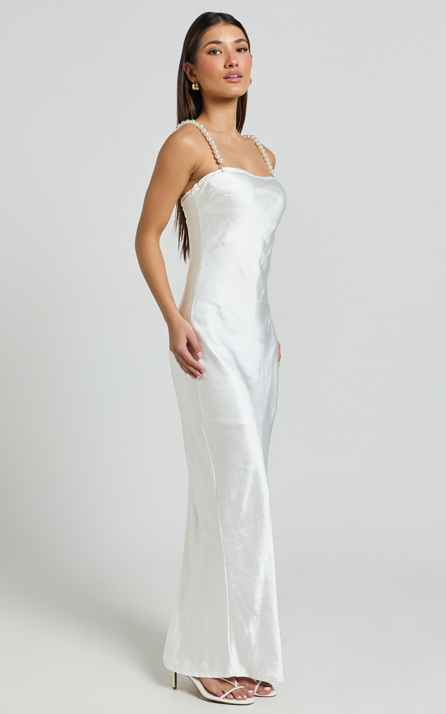 Beth Midi Dress - Pearl Detail Strap Straight Neck Slip Dress in White
