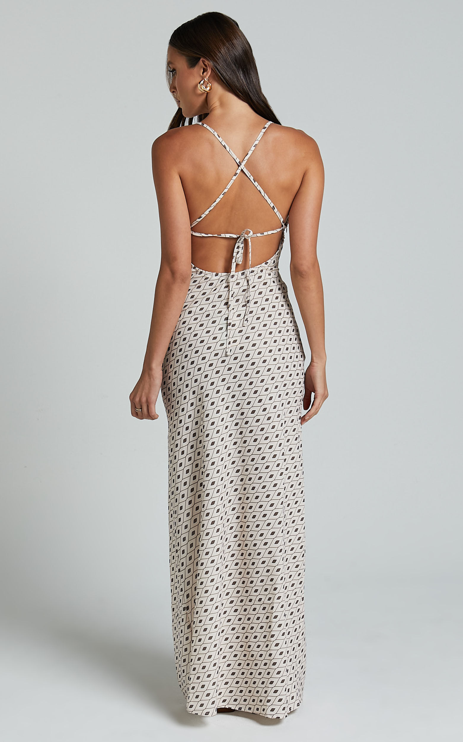 Audrey Midi Dress - V Neck Cross Back Slip Dress in Cream / Brown Geo