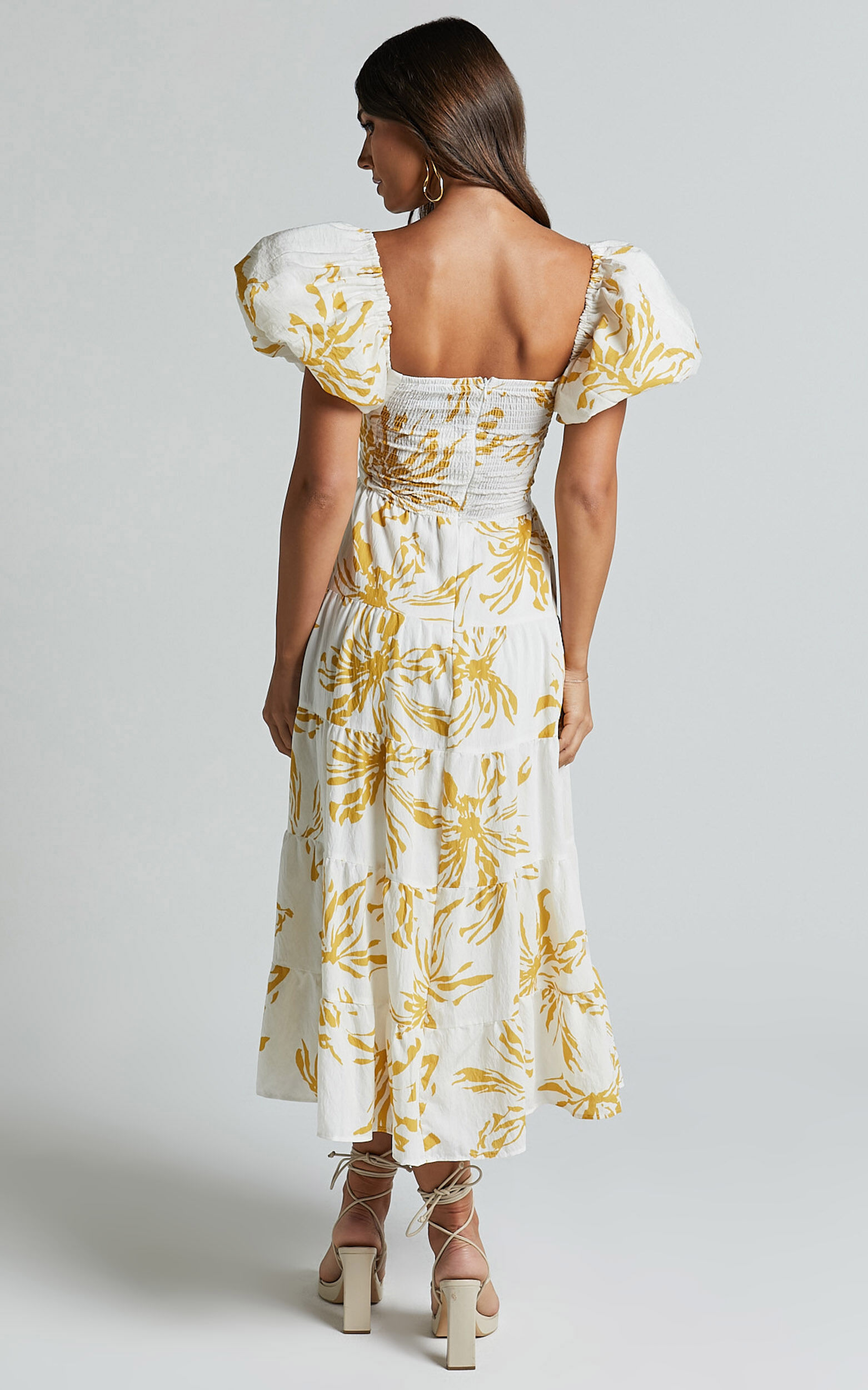 Jamaella Midi Dress - Short Puff Sleeve Front Cut Out Dress in White Floral