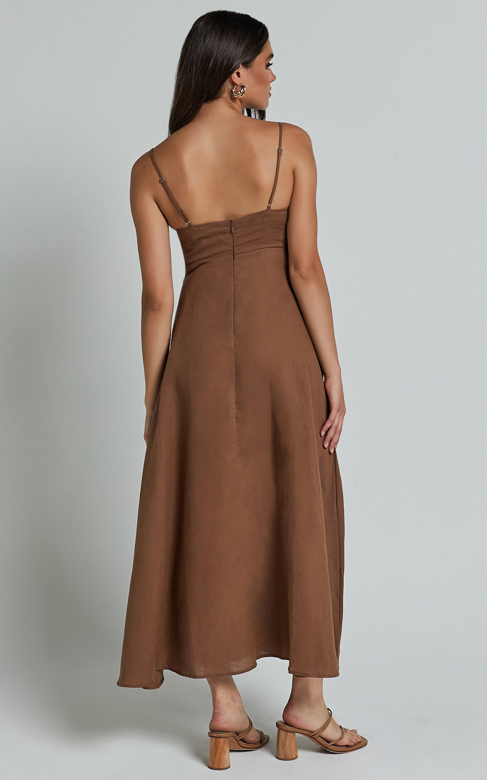 Brette Midi Dress - Linen Straight Neck Strappy Fit And Flare Dress in Tobacco