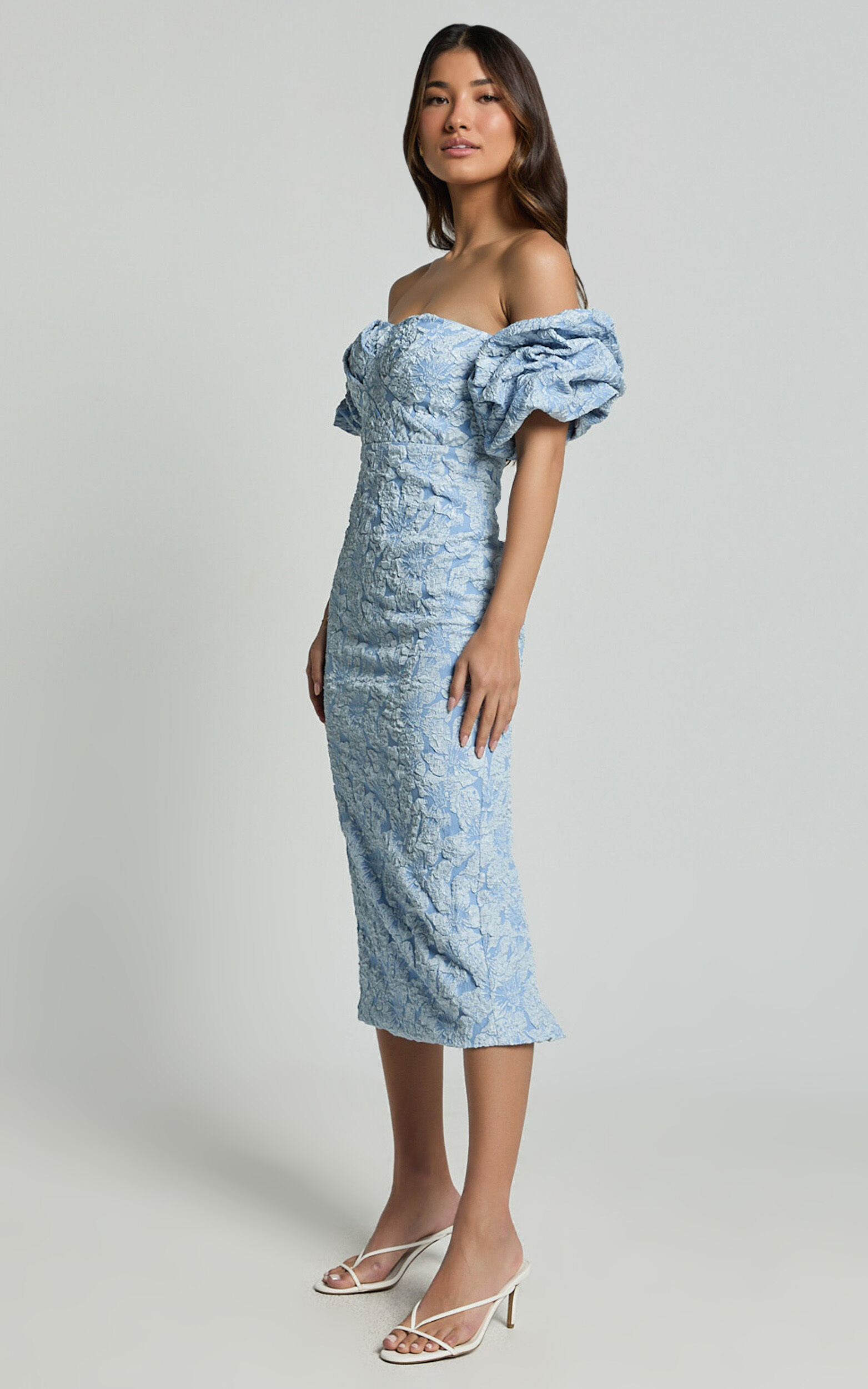 Brielle Midi Dress - Off the Shoulder Short Sleeve Sweetheart Dress in Soft Blue