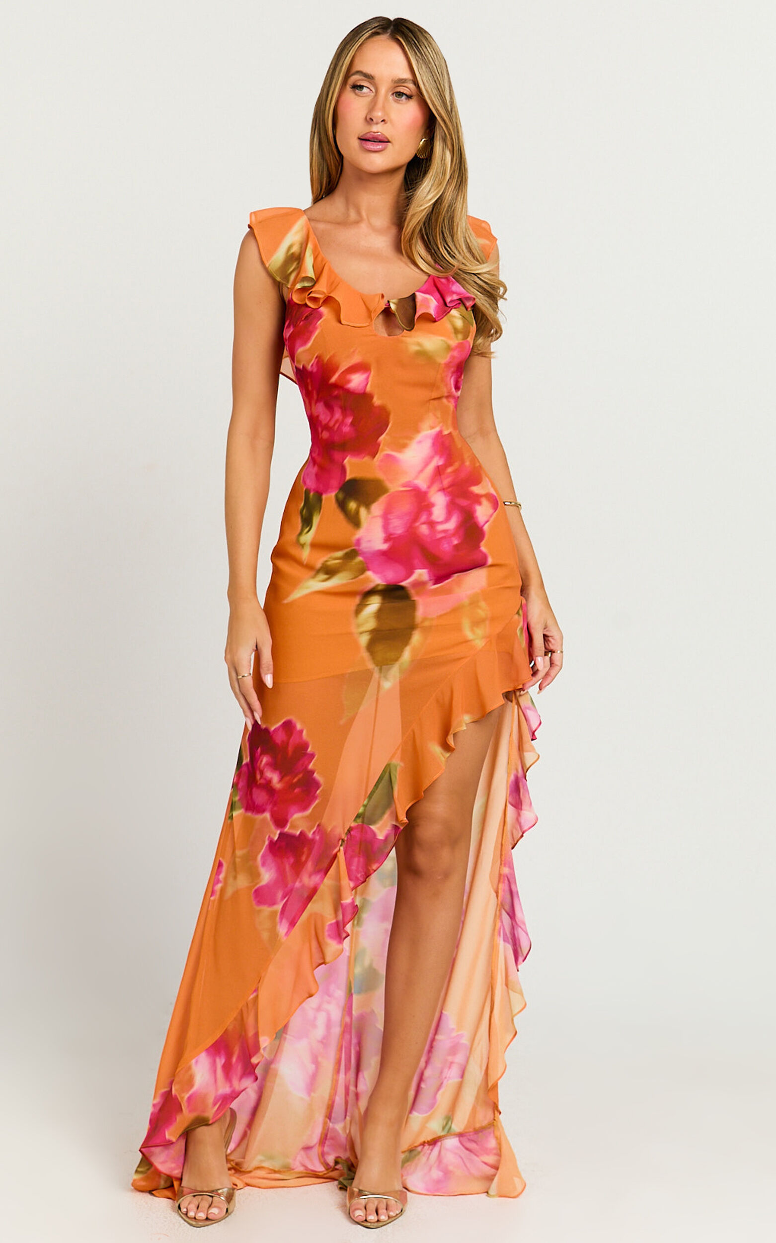 Theadore Maxi Dress - One Shoulder Asymmetric Hem Dress in Tropical Sunset
