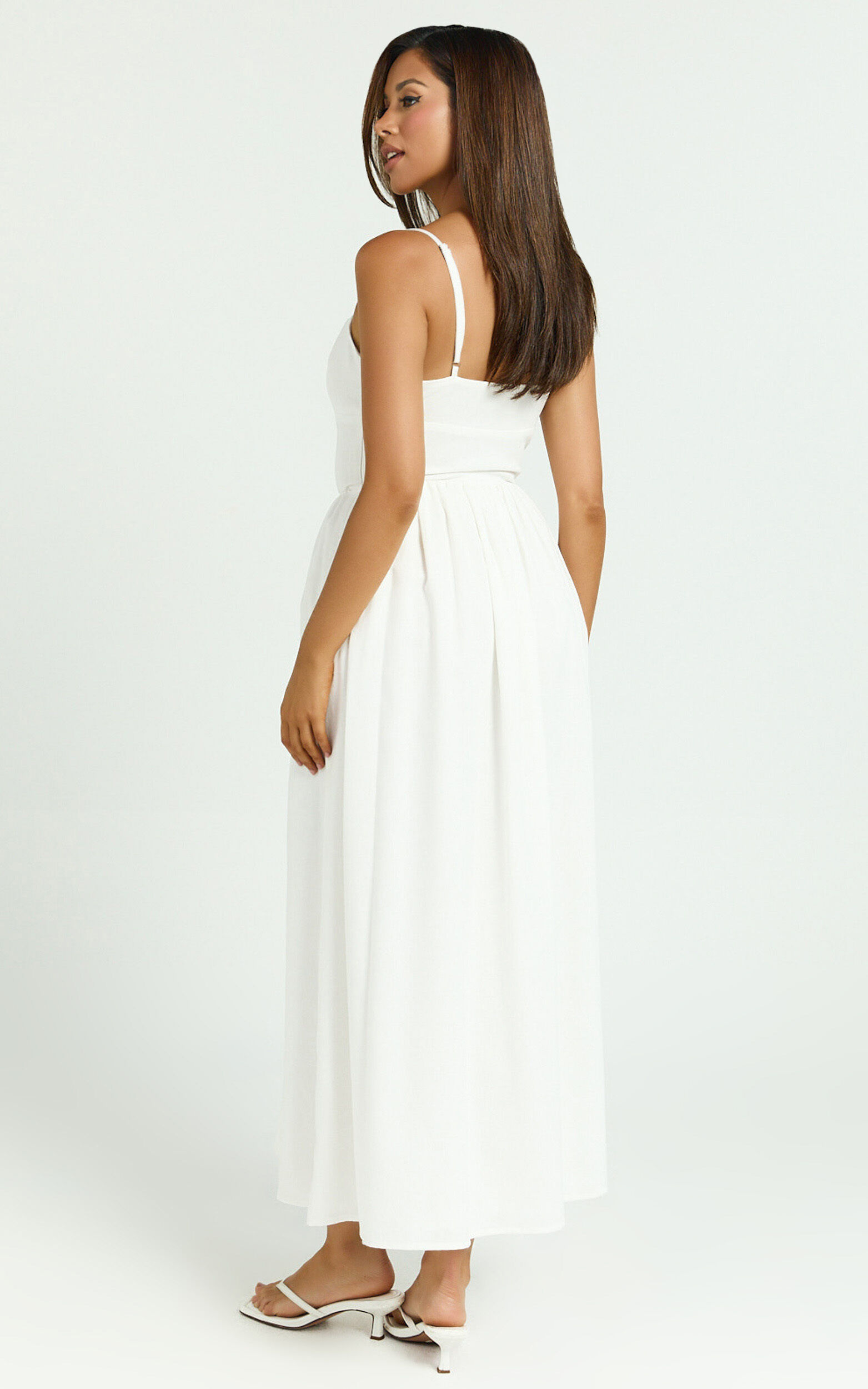 Morris Midi Dress - Linen Scoop Neck Gathered Dress in Off White