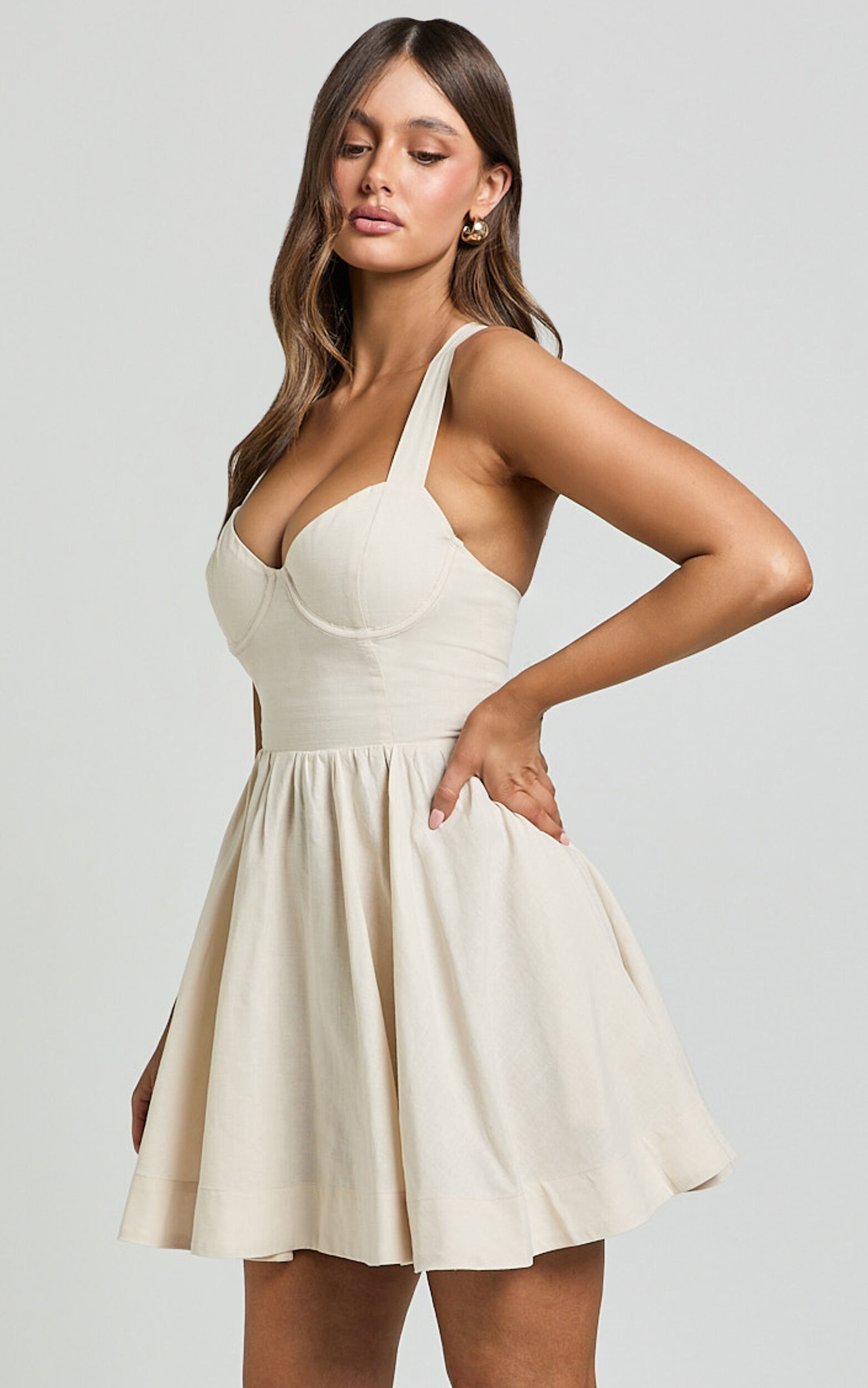 Cathryn Mini Dress - Cross Back Bustier Linen Look Blend Dress in Stone