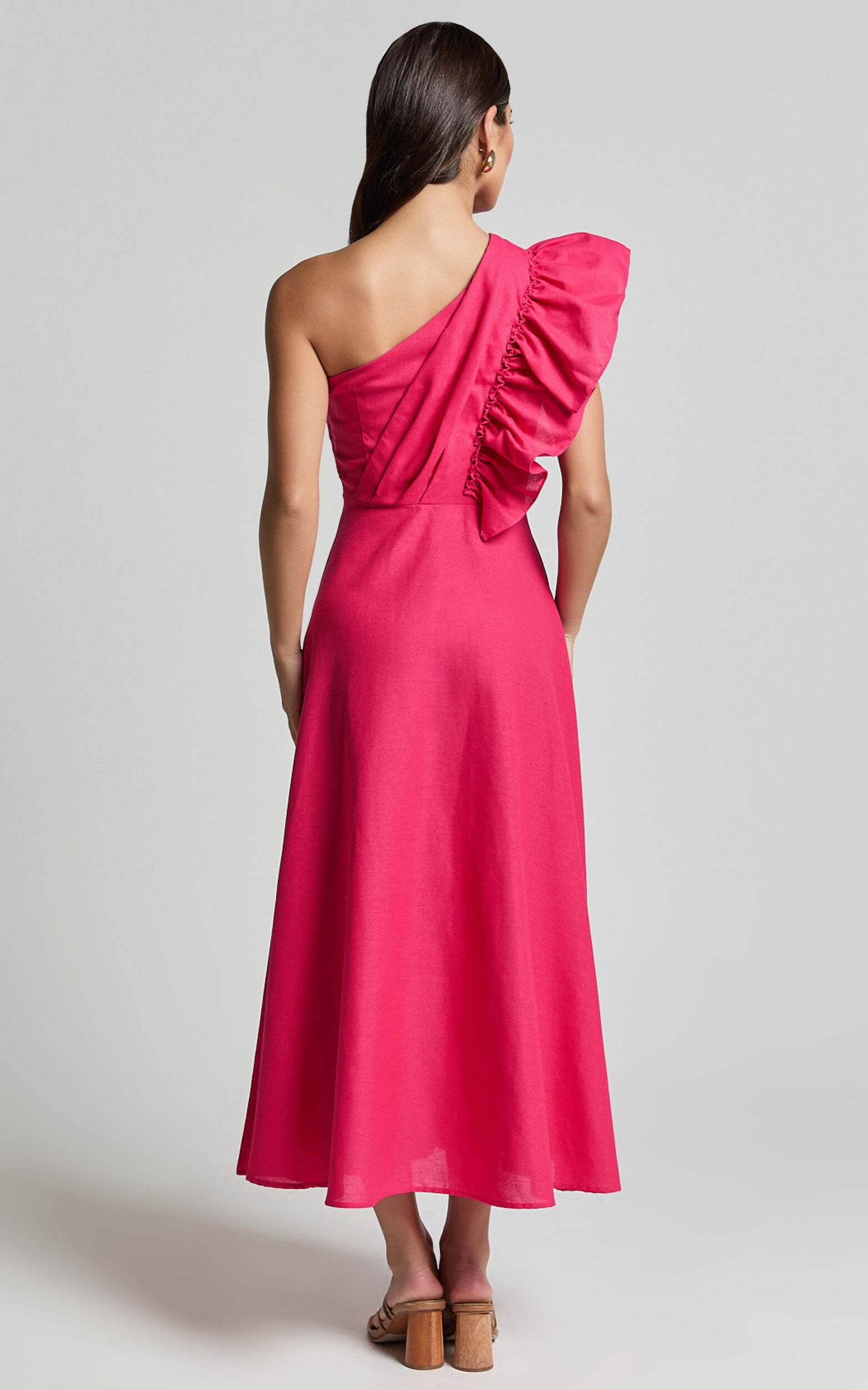 Dixie Midi Dress - Linen Look One Shoulder Ruffle Dress in Raspberry