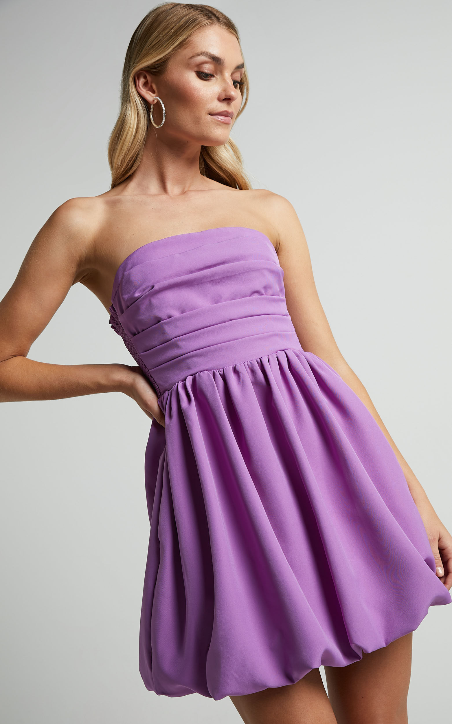 Shaima Mini Dress - Strapless Bubble Hem Dress in Orchid