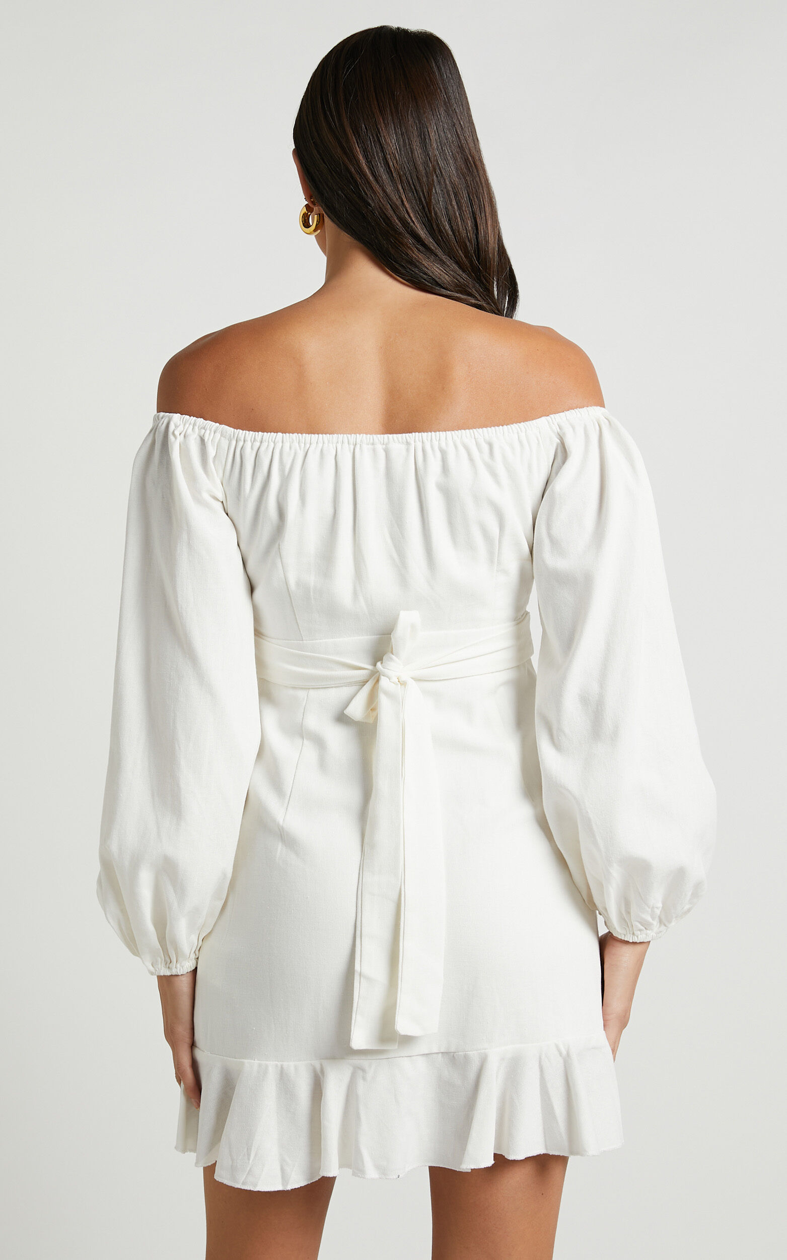 Cant Move On Off Shoulder Mini Linen Dress in White Linen Look