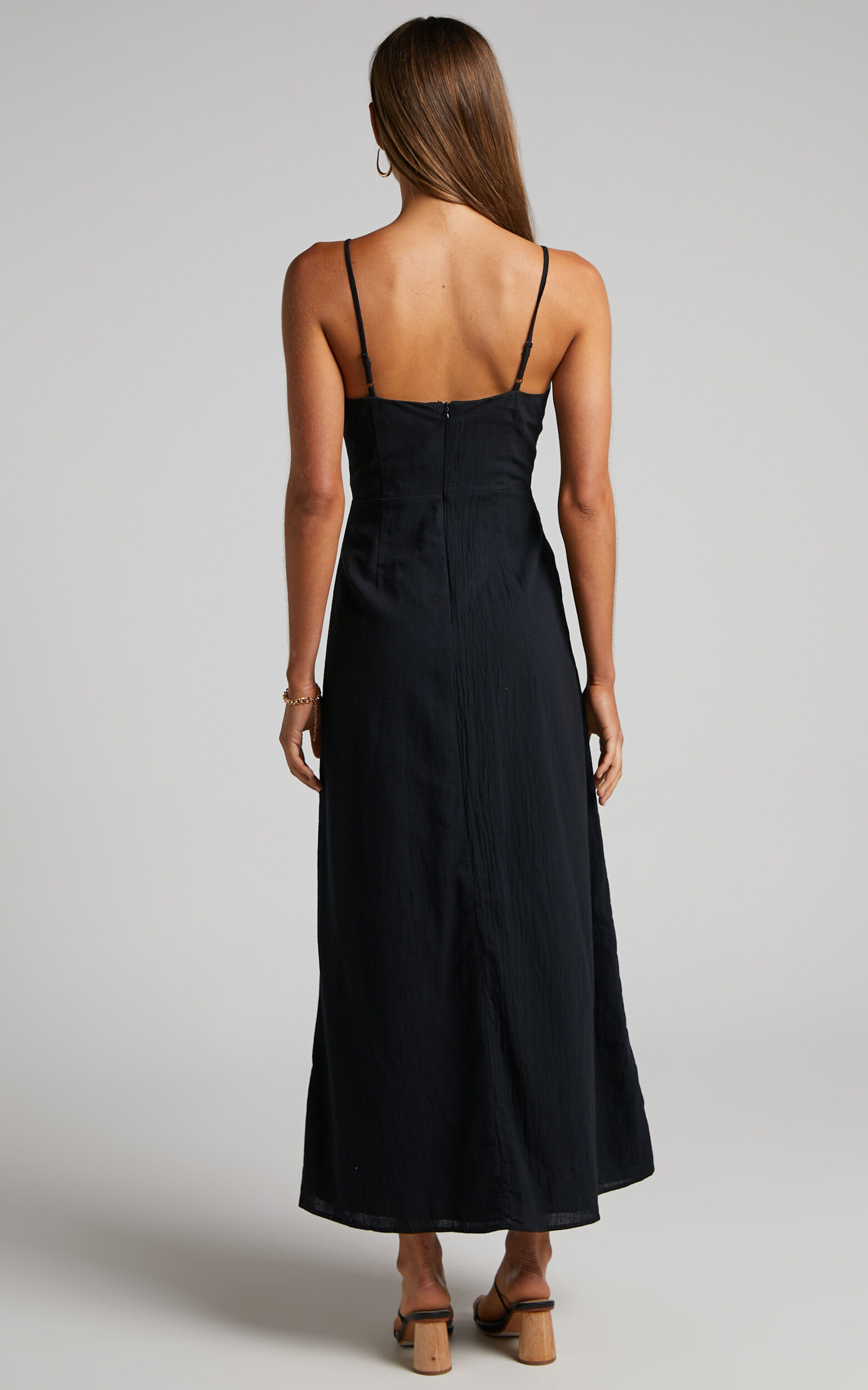 Marsha Midi Linen Dress - High Split Slip Dress in Black