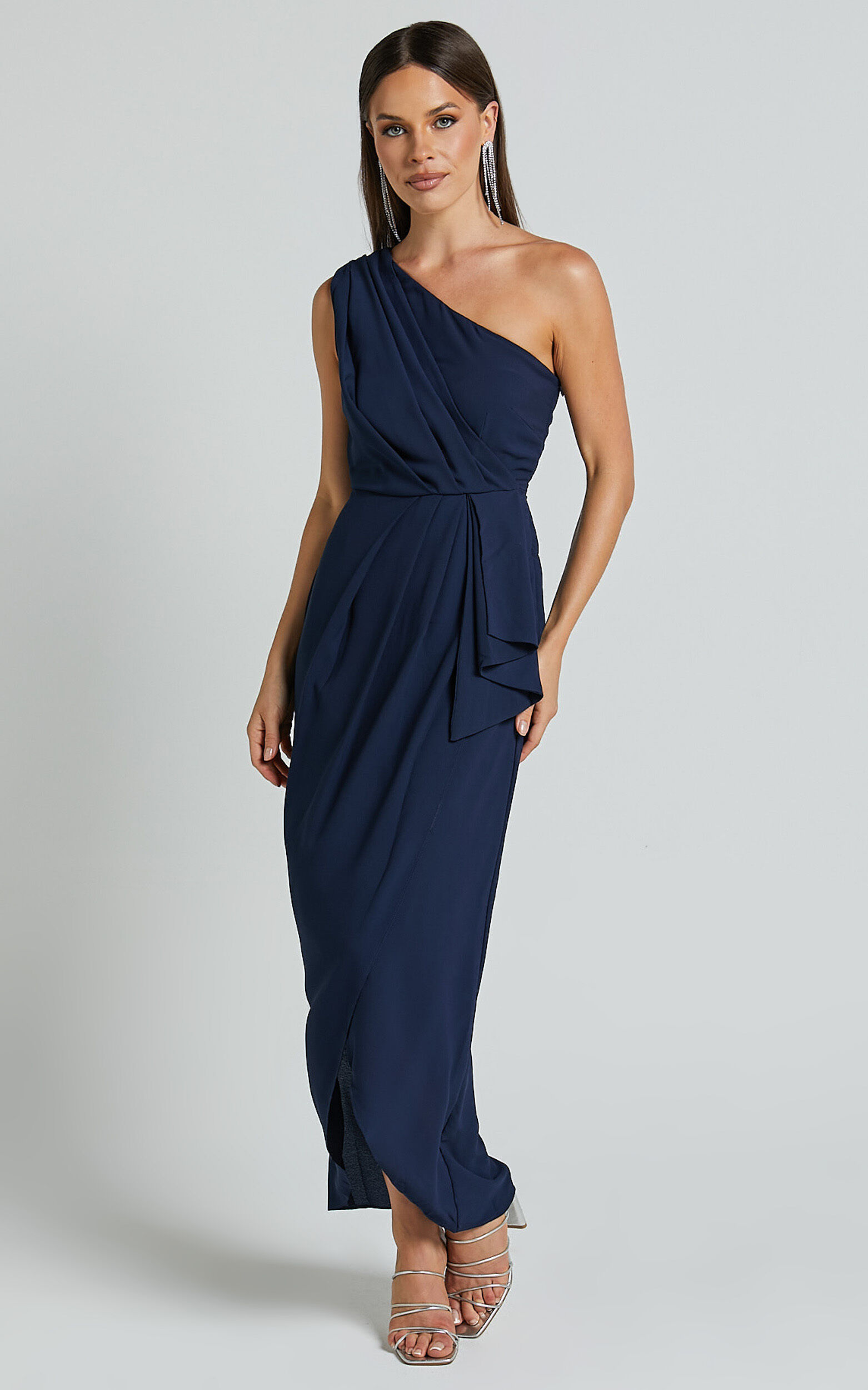 Namaari Midi Dress - Faux Wrap One Shoulder Dress in Navy
