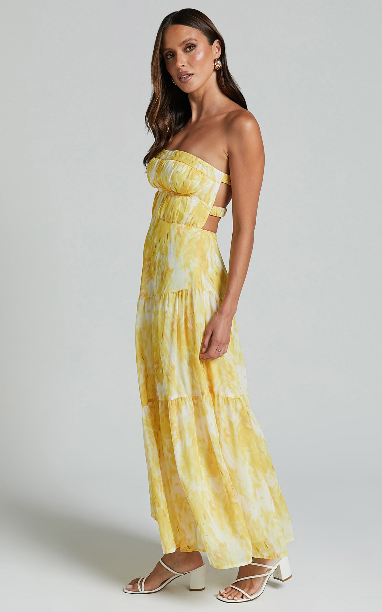 Cardelyn Midi Dress - Strapless Tiered Dress in Yellow Floral