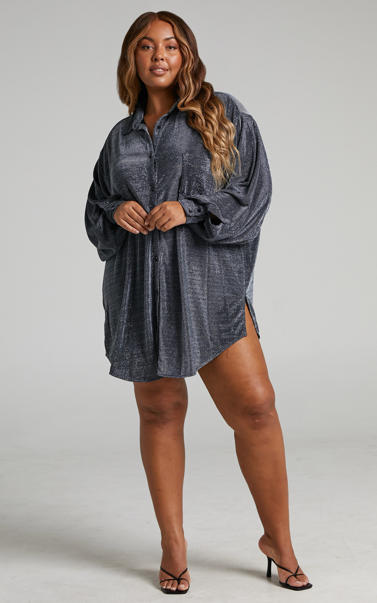 Ruri Mini Dress - Sparkly Oversized Shirt Dress in Black and Silver